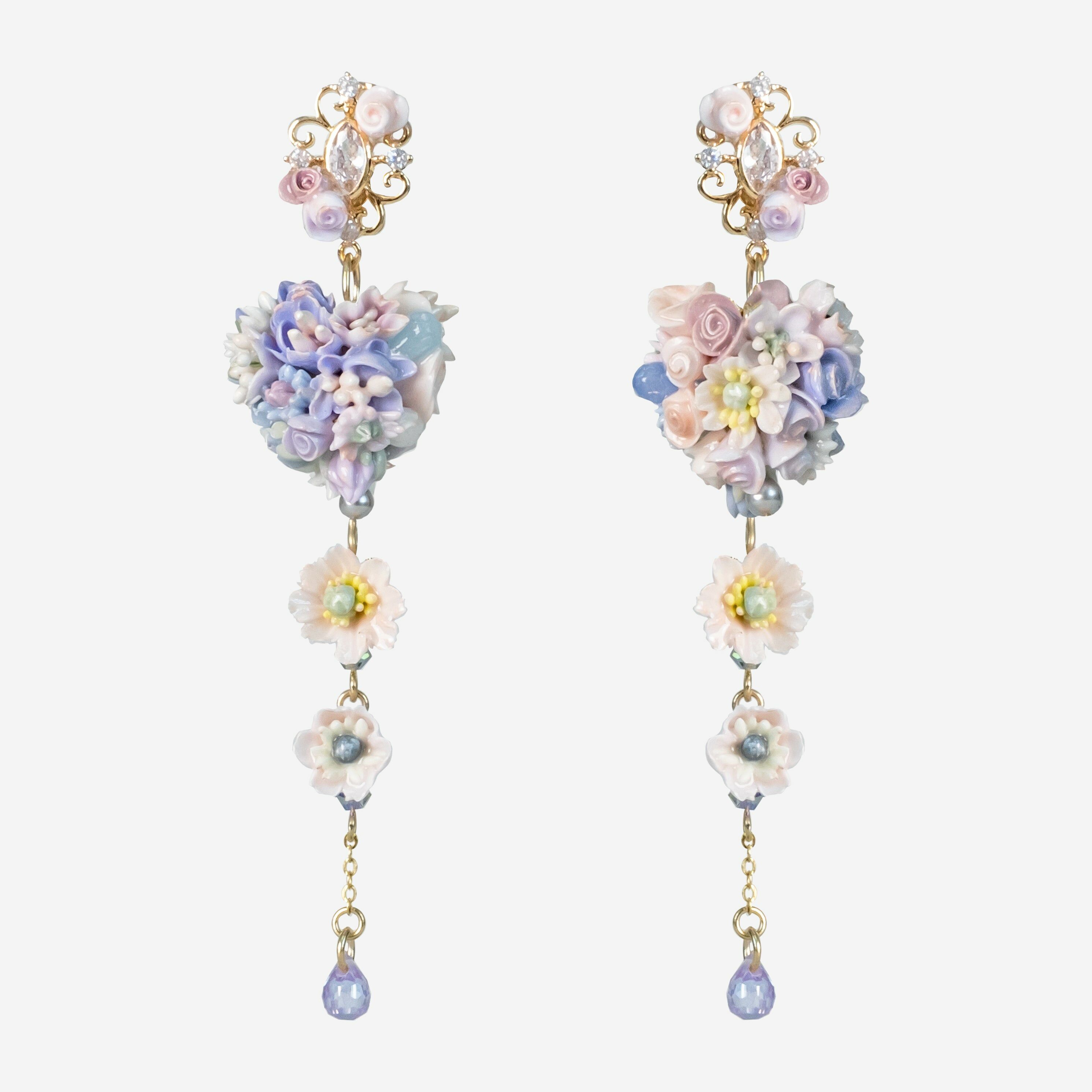 Blanched Poppy and Rose Heart Bouquet S925 Earrings