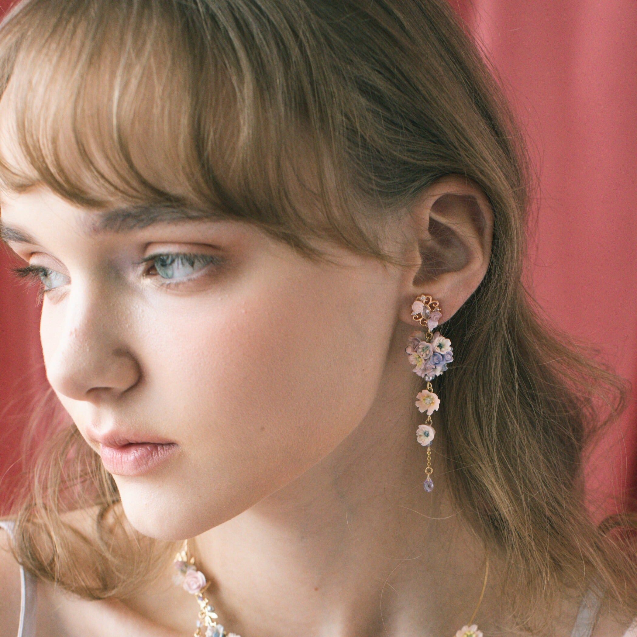 Blanched Poppy and Rose Heart Bouquet S925 Earrings