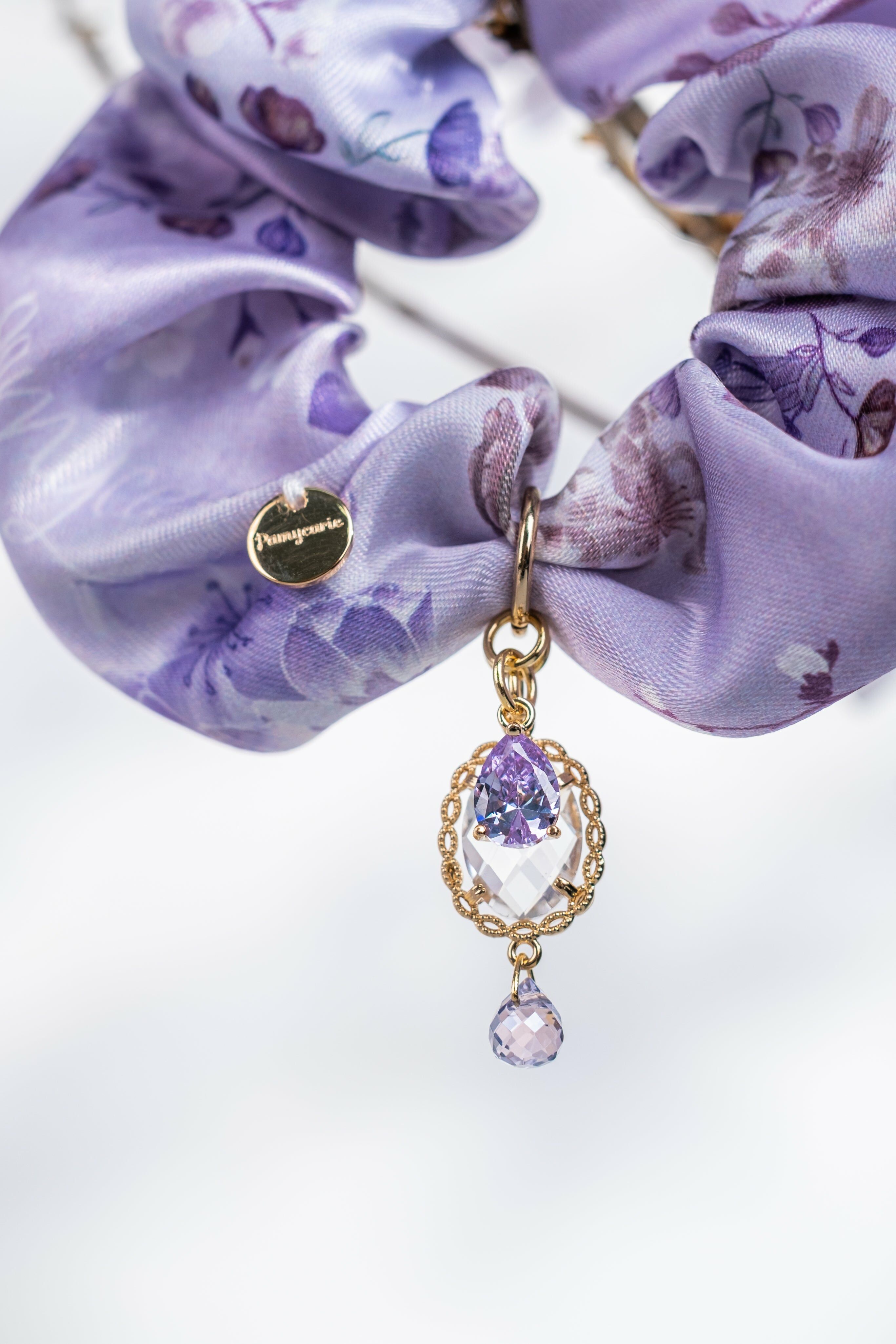 Purple Romance Satin Scrunchie in Hand-drawn Pattern