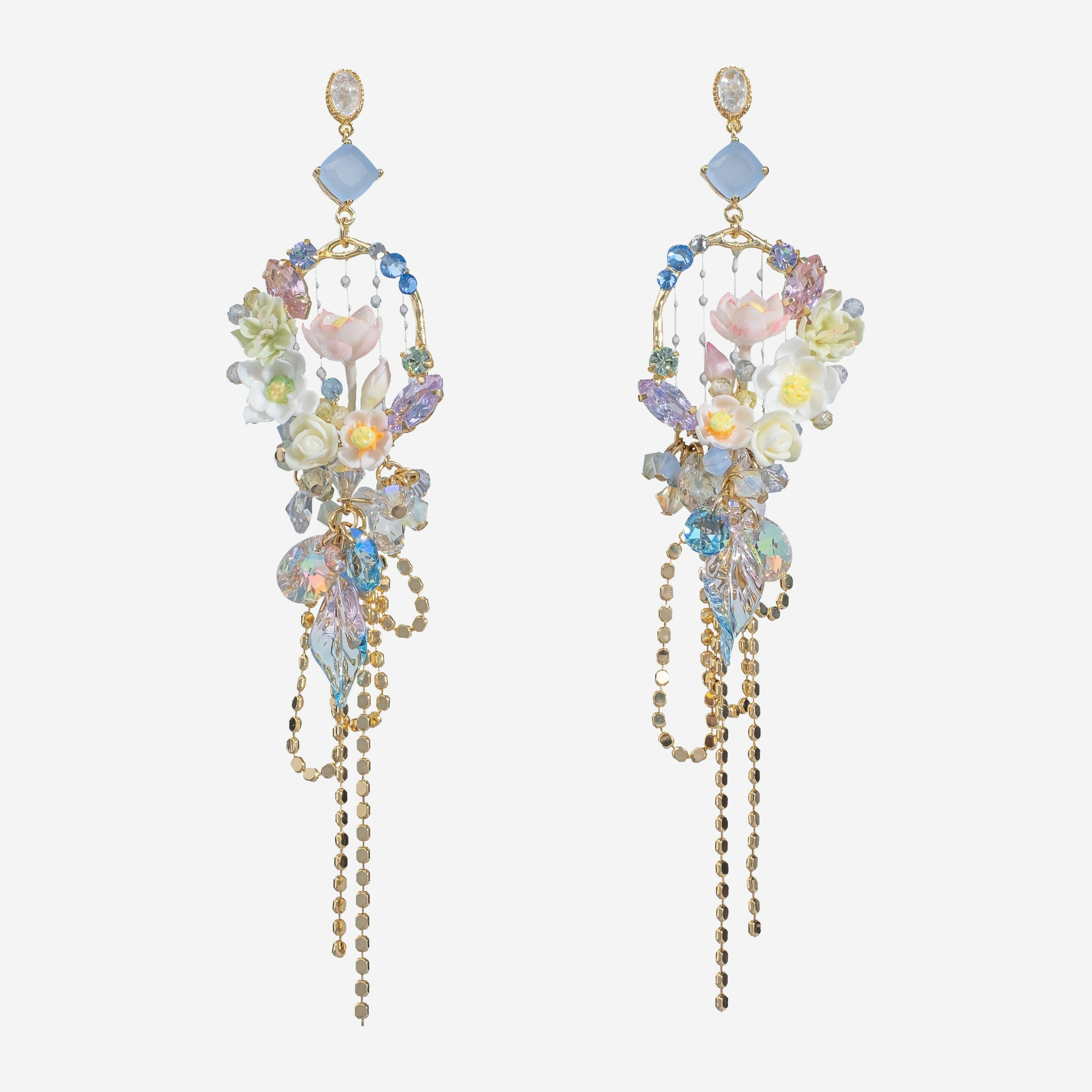 Framed Water Lily Bejewelled Tassel Earrings