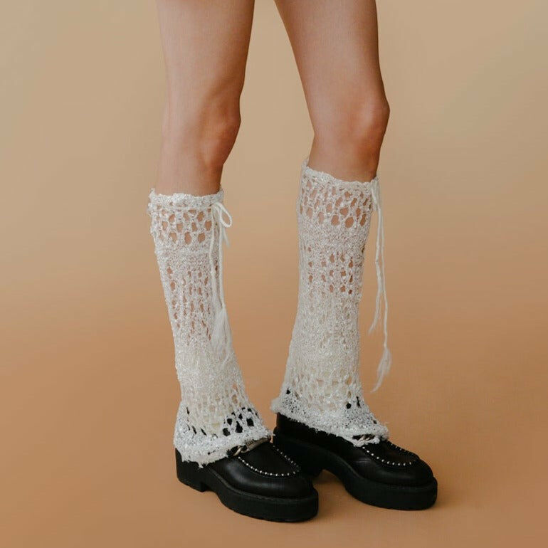 Hand-knitted Leg Warmer Socks (White/Purple/Lake)