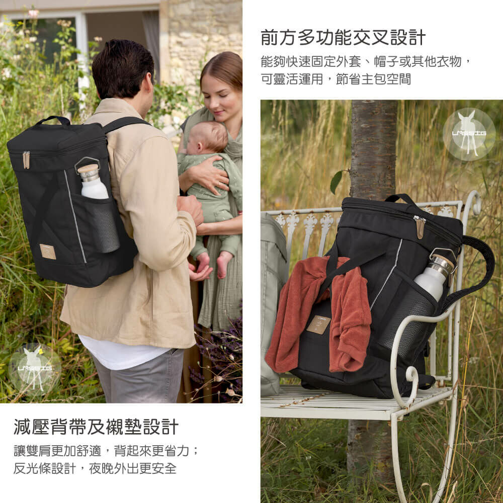德國媽媽包No.1品牌，LASSIG讓媽媽包不只是媽媽包，兼具時尚與功能性，大開口大容量多隔層，附育兒配件：防水尿布墊、奶瓶保溫袋、推車掛勾，實用推薦
