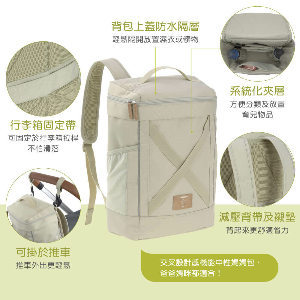 德國媽媽包No.1品牌，LASSIG讓媽媽包不只是媽媽包，兼具時尚與功能性，大開口大容量多隔層，附育兒配件：防水尿布墊、奶瓶保溫袋、推車掛勾，實用推薦