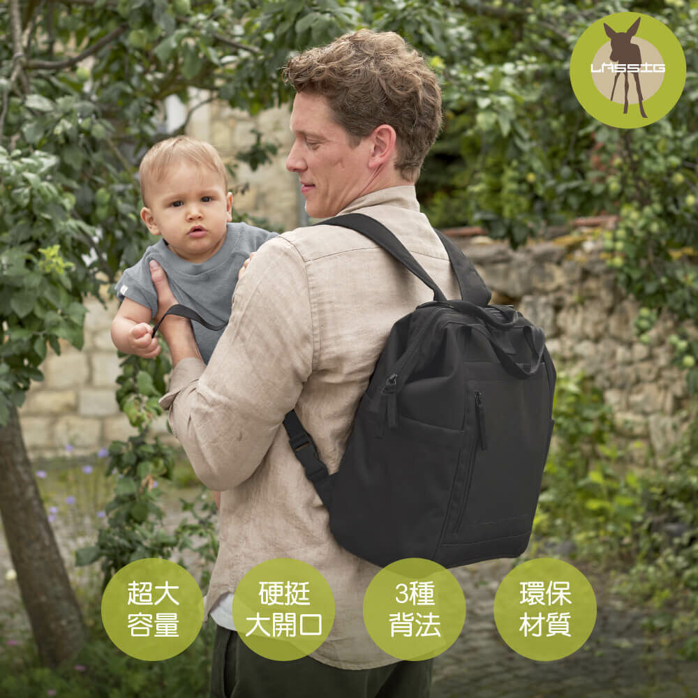 德國媽媽包No.1品牌,LASSIG讓媽媽包不只是媽媽包,兼具時尚與功能性,大開口大容量多隔層,附育兒配件:防水尿布墊、奶瓶保溫袋、推車掛勾,實用推薦