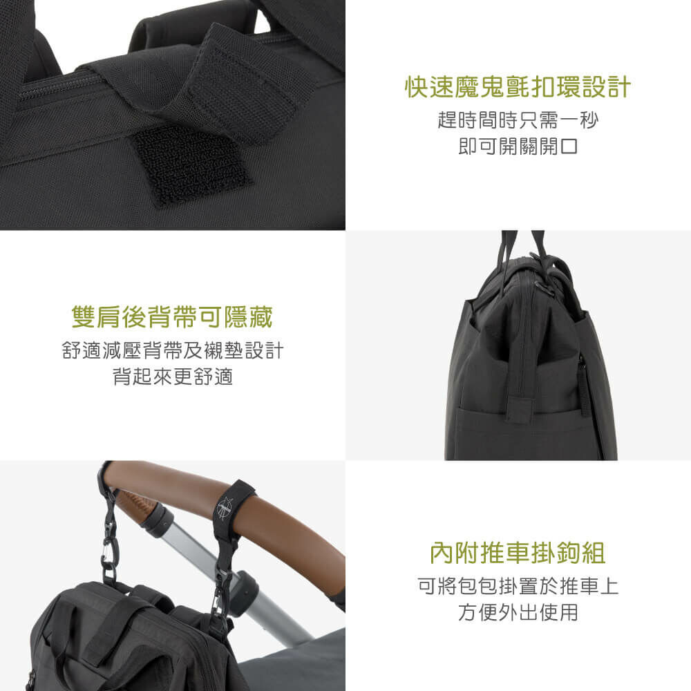 德國媽媽包No.1品牌,LASSIG讓媽媽包不只是媽媽包,兼具時尚與功能性,大開口大容量多隔層,附育兒配件:防水尿布墊、奶瓶保溫袋、推車掛勾,實用推薦