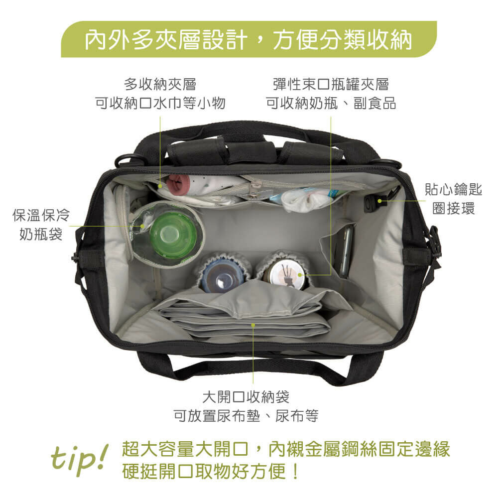 德國媽媽包No.1品牌,LASSIG讓媽媽包不只是媽媽包,兼具時尚與功能性,大開口大容量多隔層,附育兒配件:防水尿布墊、奶瓶保溫袋、推車掛勾,實用推薦