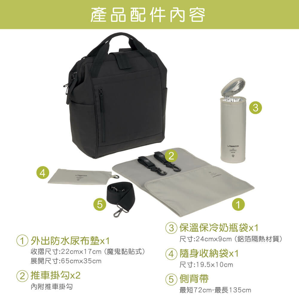德國媽媽包No.1品牌,LASSIG讓媽媽包不只是媽媽包,兼具時尚與功能性,大開口大容量多隔層,附育兒配件:防水尿布墊、奶瓶保溫袋、推車掛勾,實用推薦