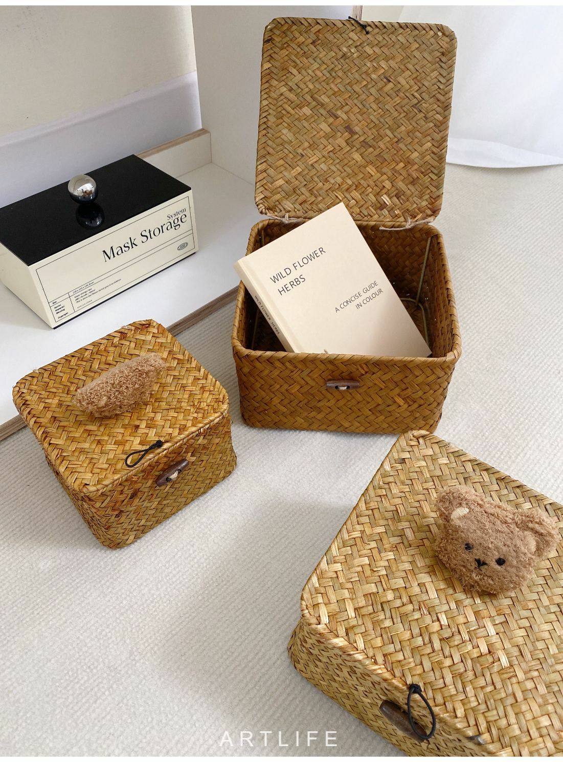 柳籐編織小熊收納盒(正方形)