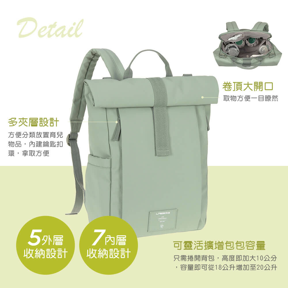 德國媽媽包No.1品牌,LASSIG讓媽媽包不只是媽媽包,兼具時尚與功能性,大開口大容量多隔層,附育兒配件:防水尿布墊、奶瓶保溫袋、推車掛勾,實用推薦