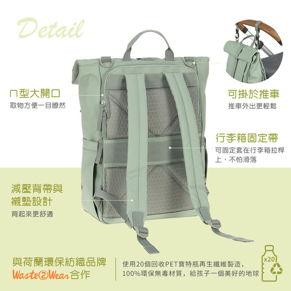 德國媽媽包No.1品牌,LASSIG讓媽媽包不只是媽媽包,兼具時尚與功能性,大開口大容量多隔層,附育兒配件:防水尿布墊、奶瓶保溫袋、推車掛勾,實用推薦