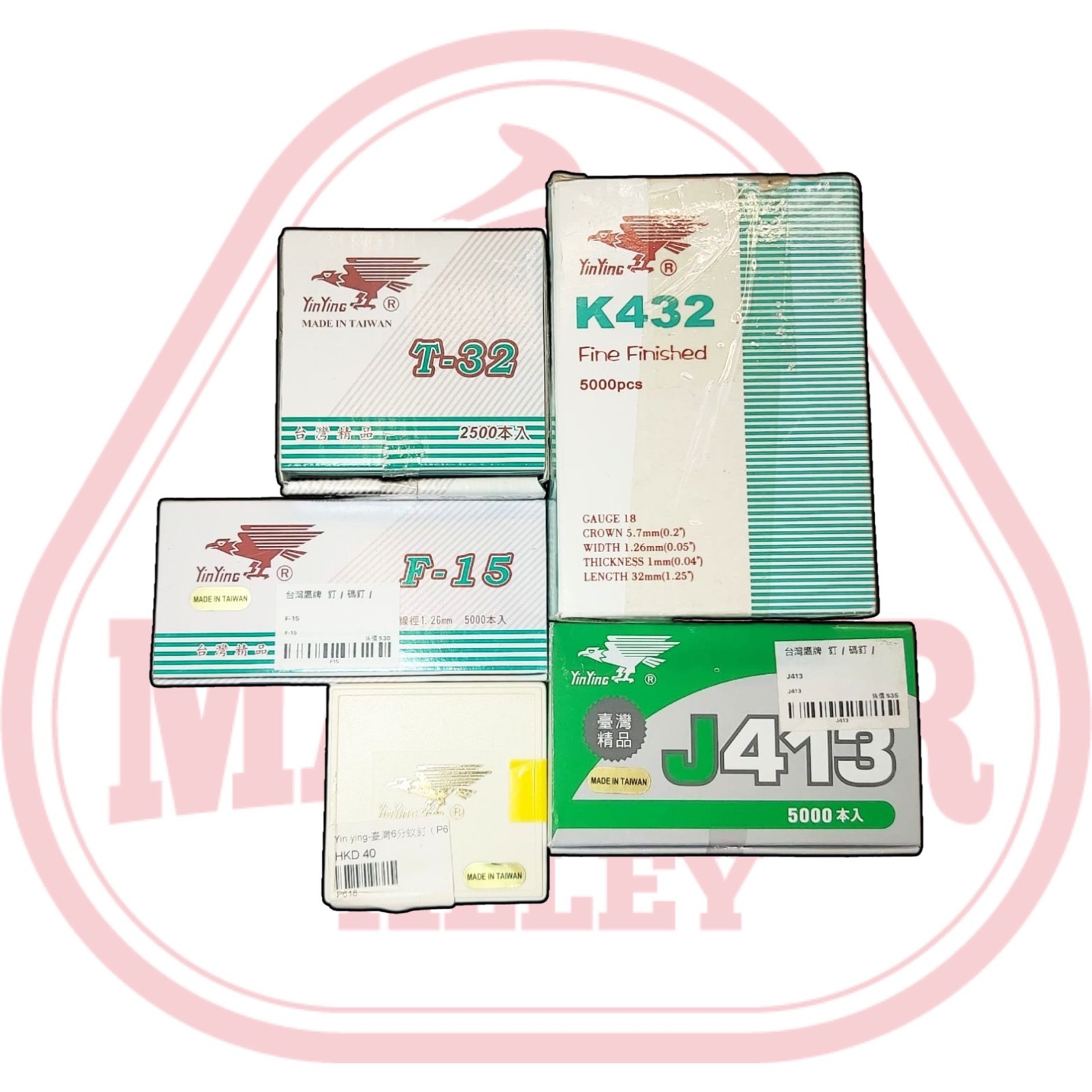 台灣鷹牌 釘槍釘 - 直釘 (F釘) / 碼釘 (K釘) / 雙腳碼釘 (J釘) / 粗頭直釘 (T釘) / 蚊釘 (P釘)