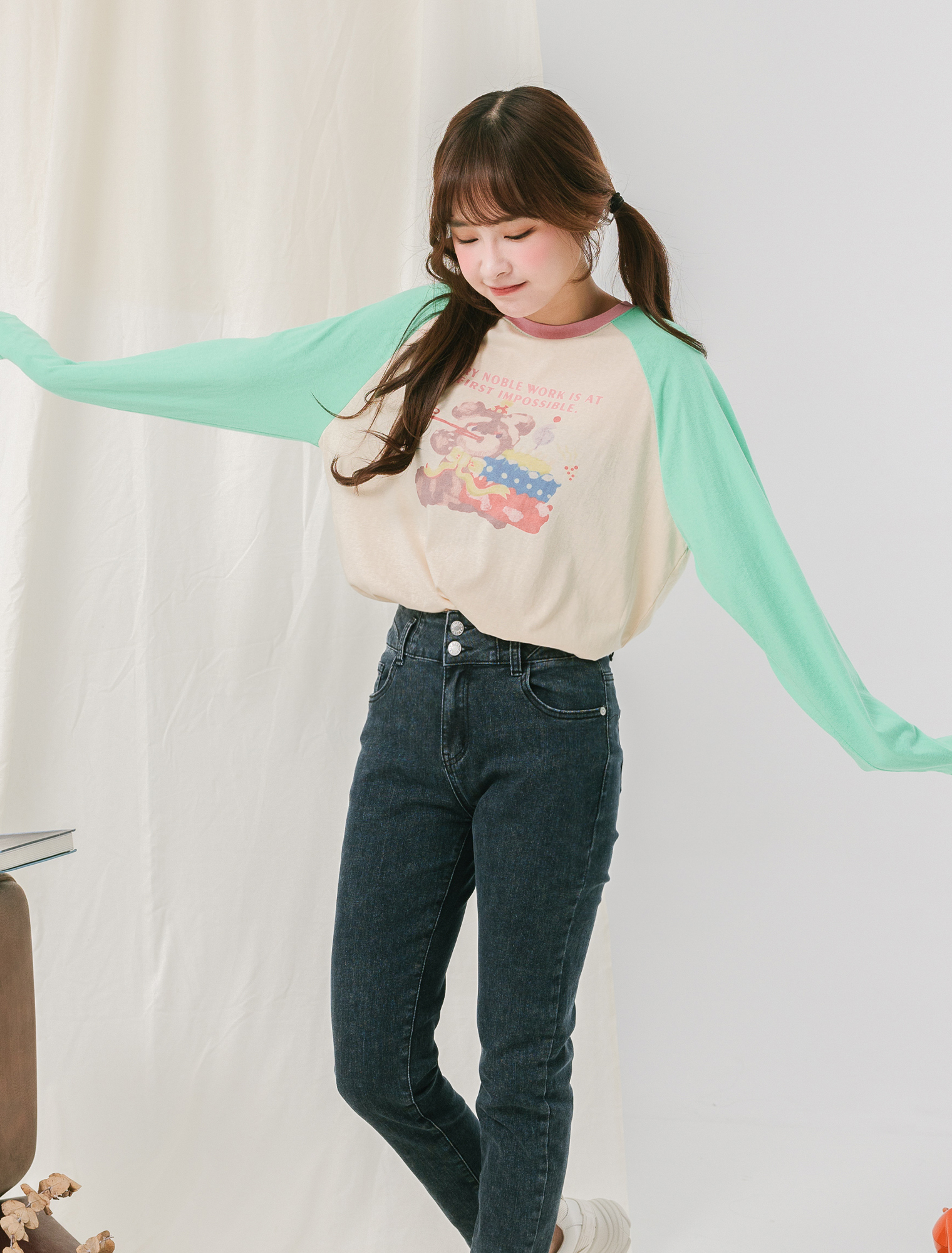 法朵Fado Shop｜撞色袖可愛熊棉Tee 0210001 綠/粉紅