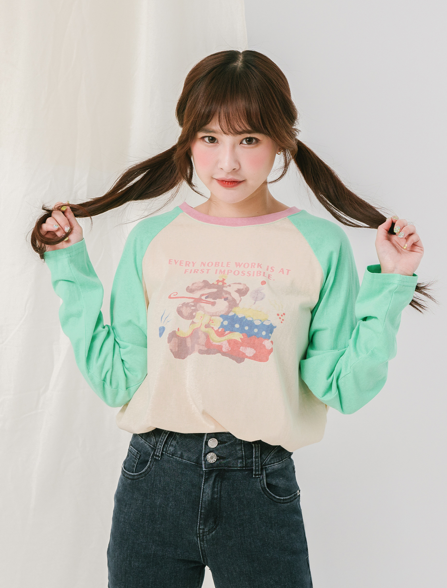 法朵Fado Shop｜撞色袖可愛熊棉Tee 0210001 綠/粉紅