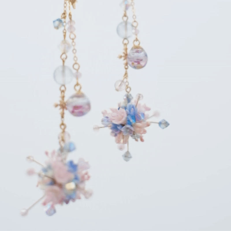Sakura Blessing 14K-Gold plated Earrings with Hanabi Bouquet Dangle  & Ear Cuff