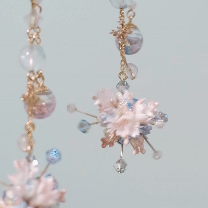 Sakura Blessing 14K-Gold plated Earrings with Hanabi Bouquet Dangle  & Ear Cuff