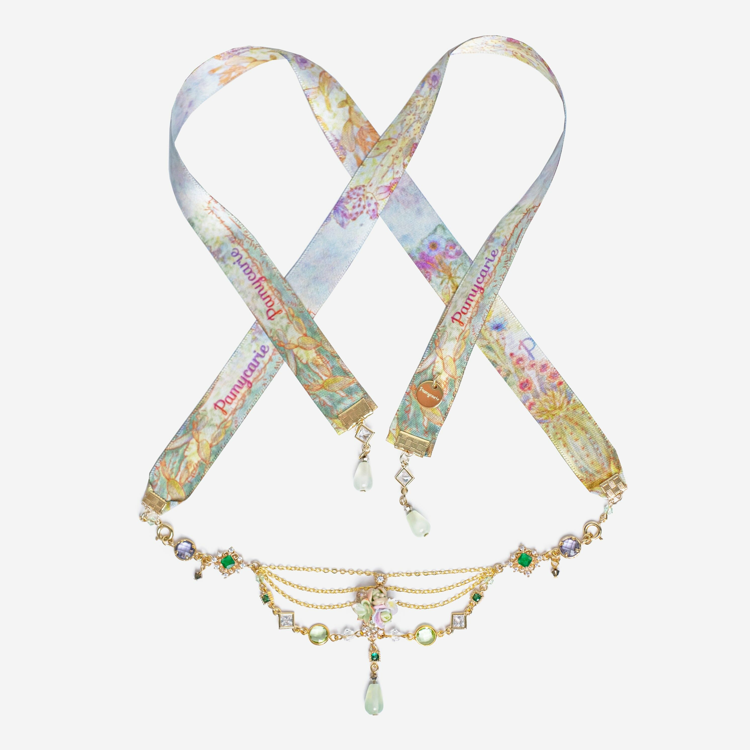 Royal Botanical Garden Gold-plated S925 Necklace with Ribbon in Hand-drawn Pattern (3-way)