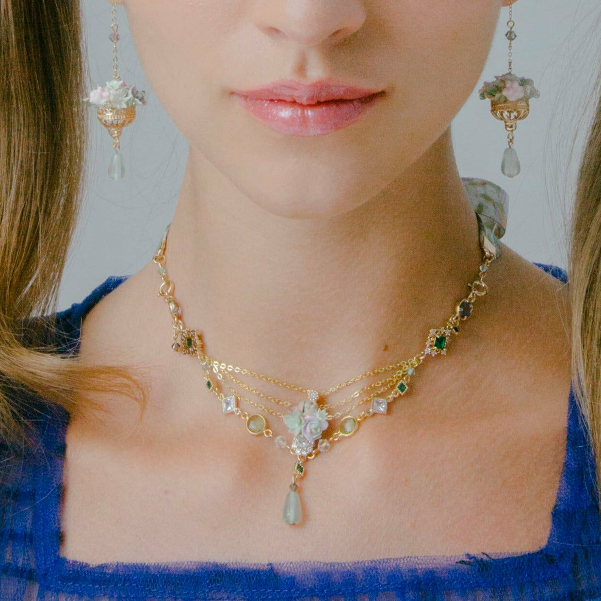 Royal Botanical Garden Gold-plated S925 Necklace with Ribbon in Hand-drawn Pattern (3-way)