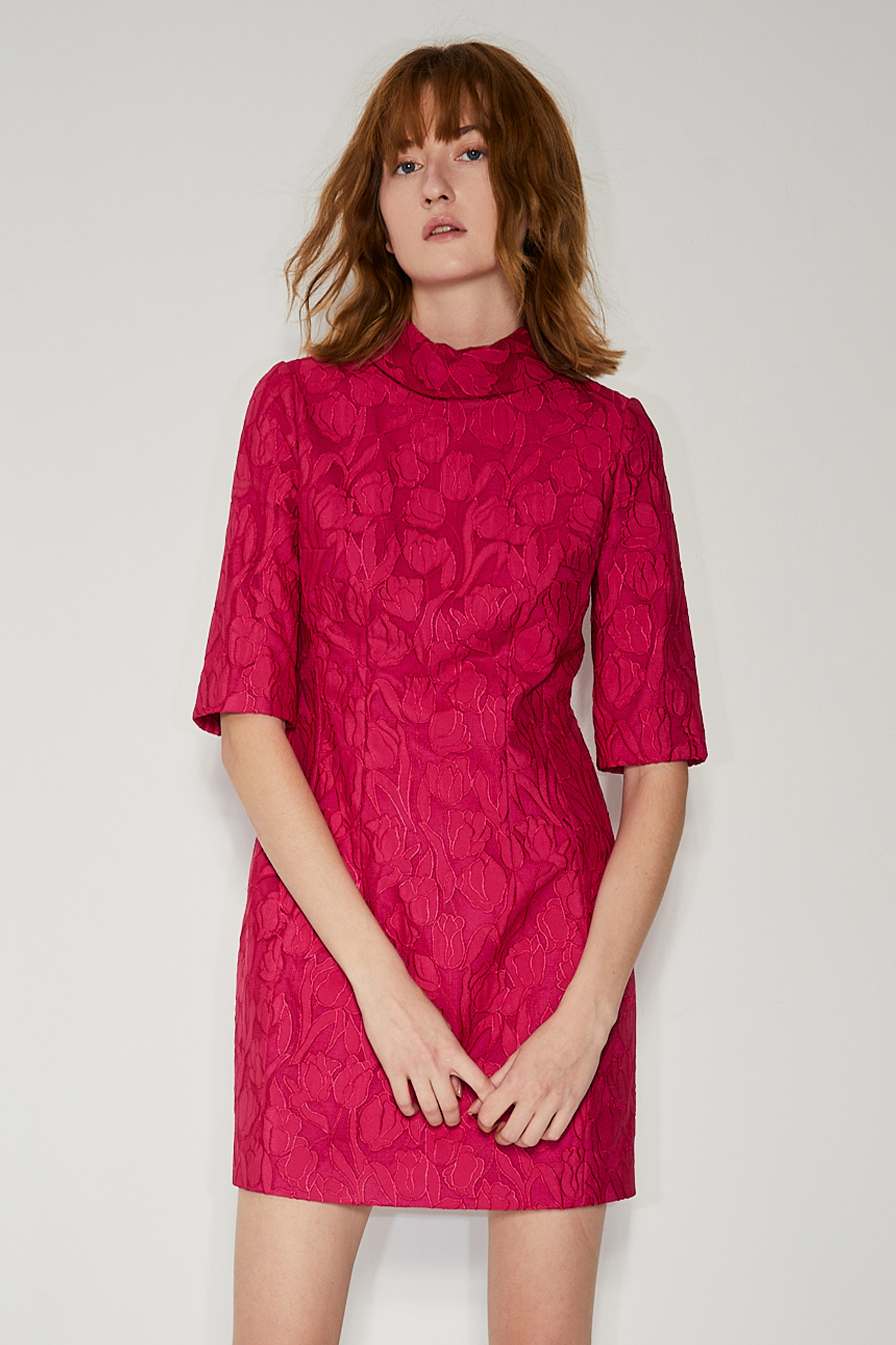 BC15102E1 桃紅玫瑰蕾絲五分袖縮腰短洋裝