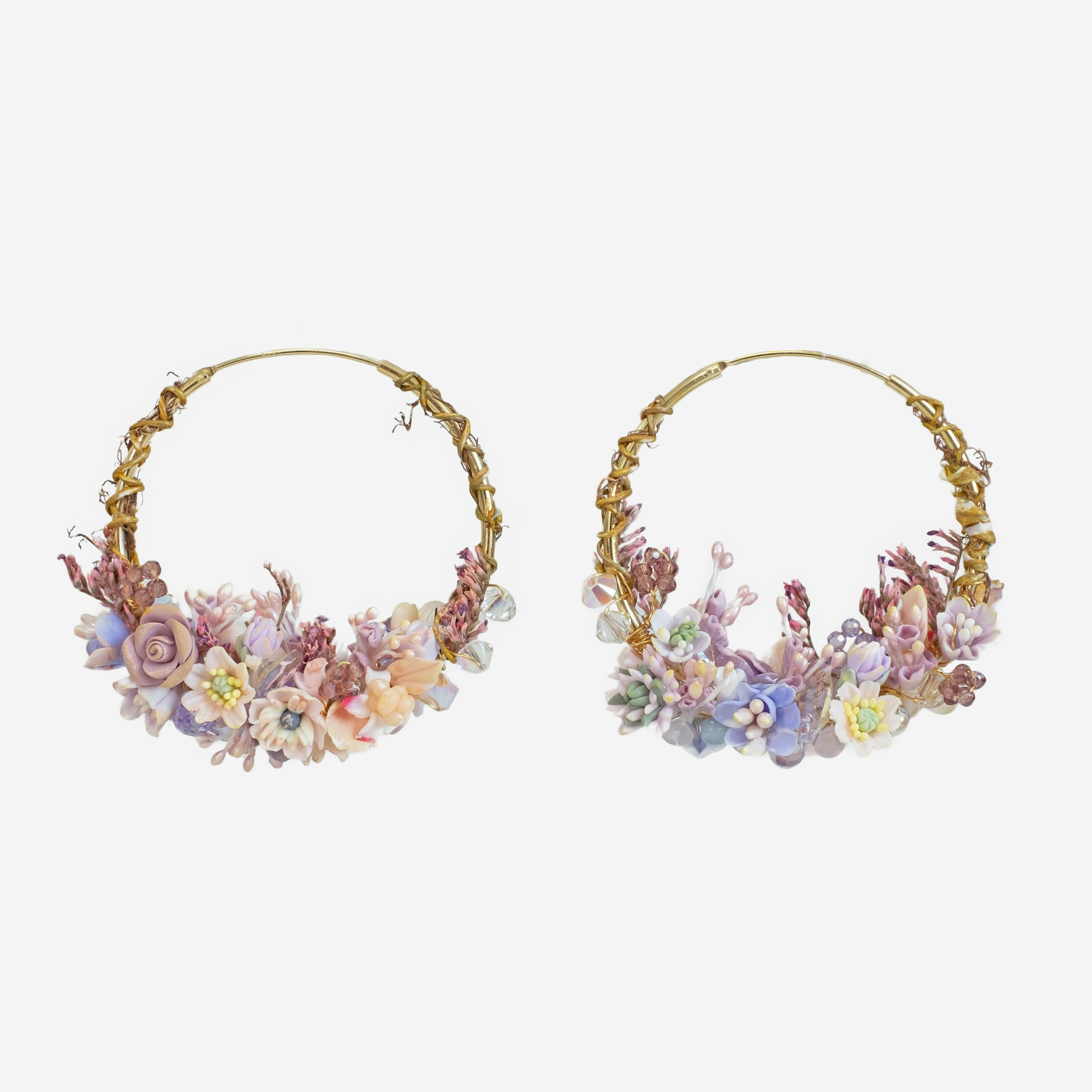 Matt Hollyhock and Cornflower Wreath S925 Hoop Earrings