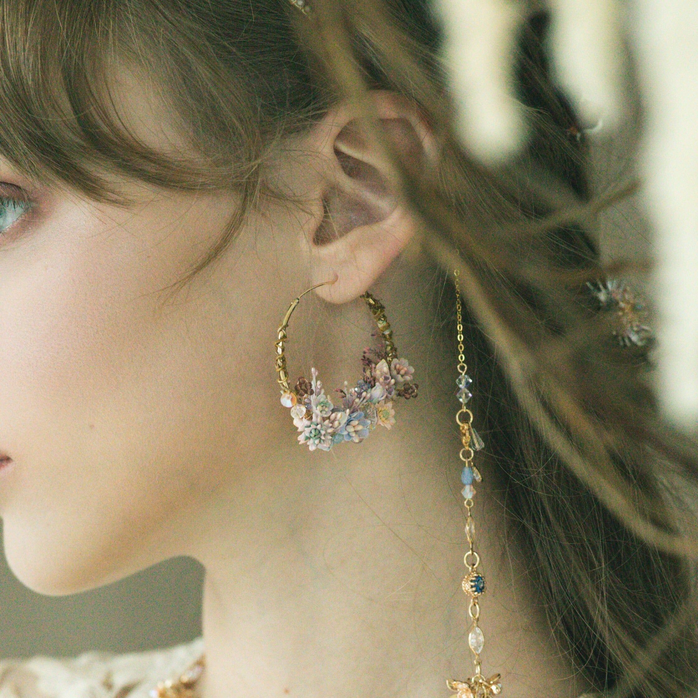 Matt Hollyhock and Cornflower Wreath S925 Hoop Earrings