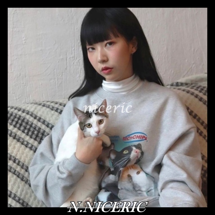 [Nice日韓歐美代購］100%韓國韓版小眾品牌 MCnCHIPs新款可愛貓咪油畫圓領 長袖 大學T