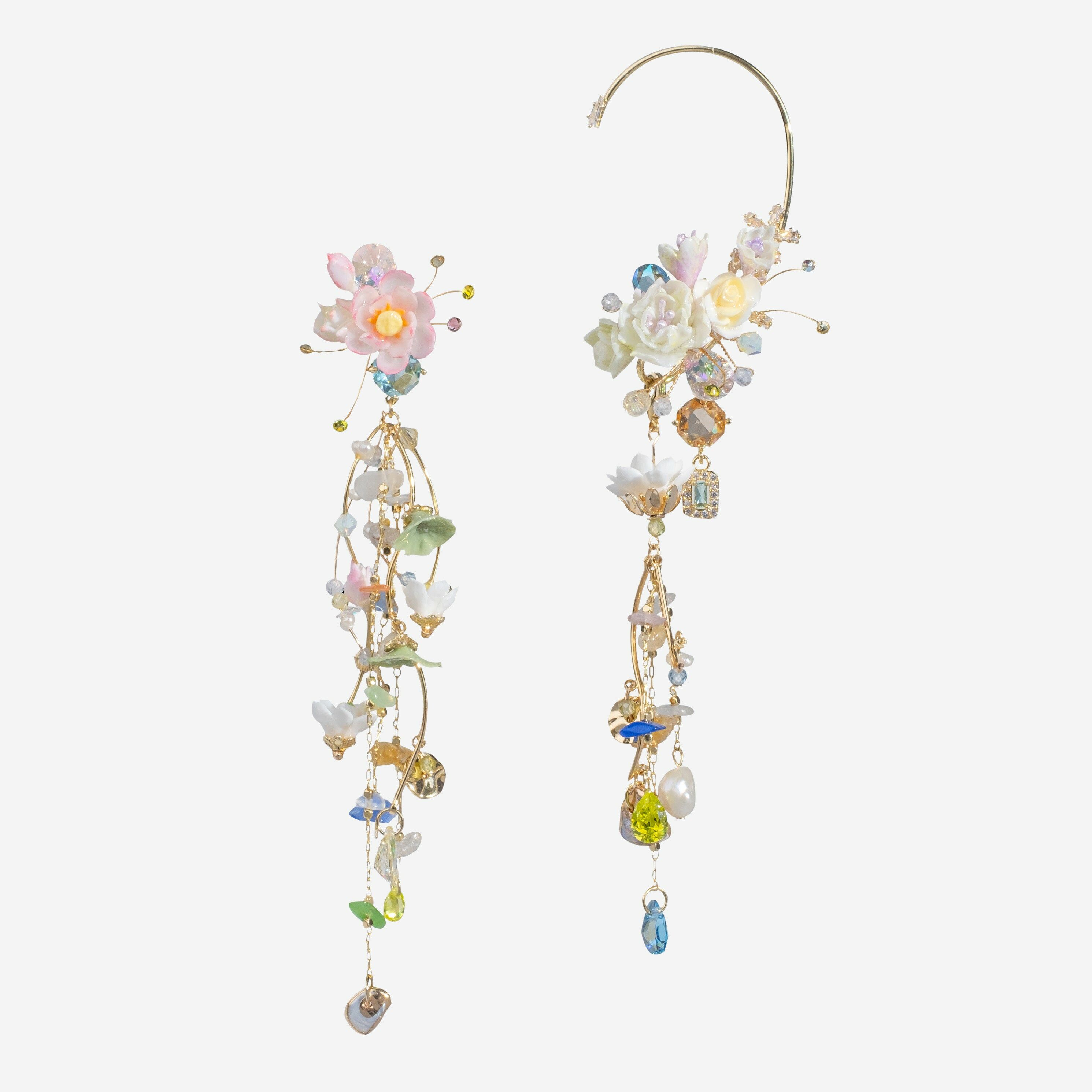 Under the Water Glistened Lotus Asymmetric Earrings and Ear Cuff