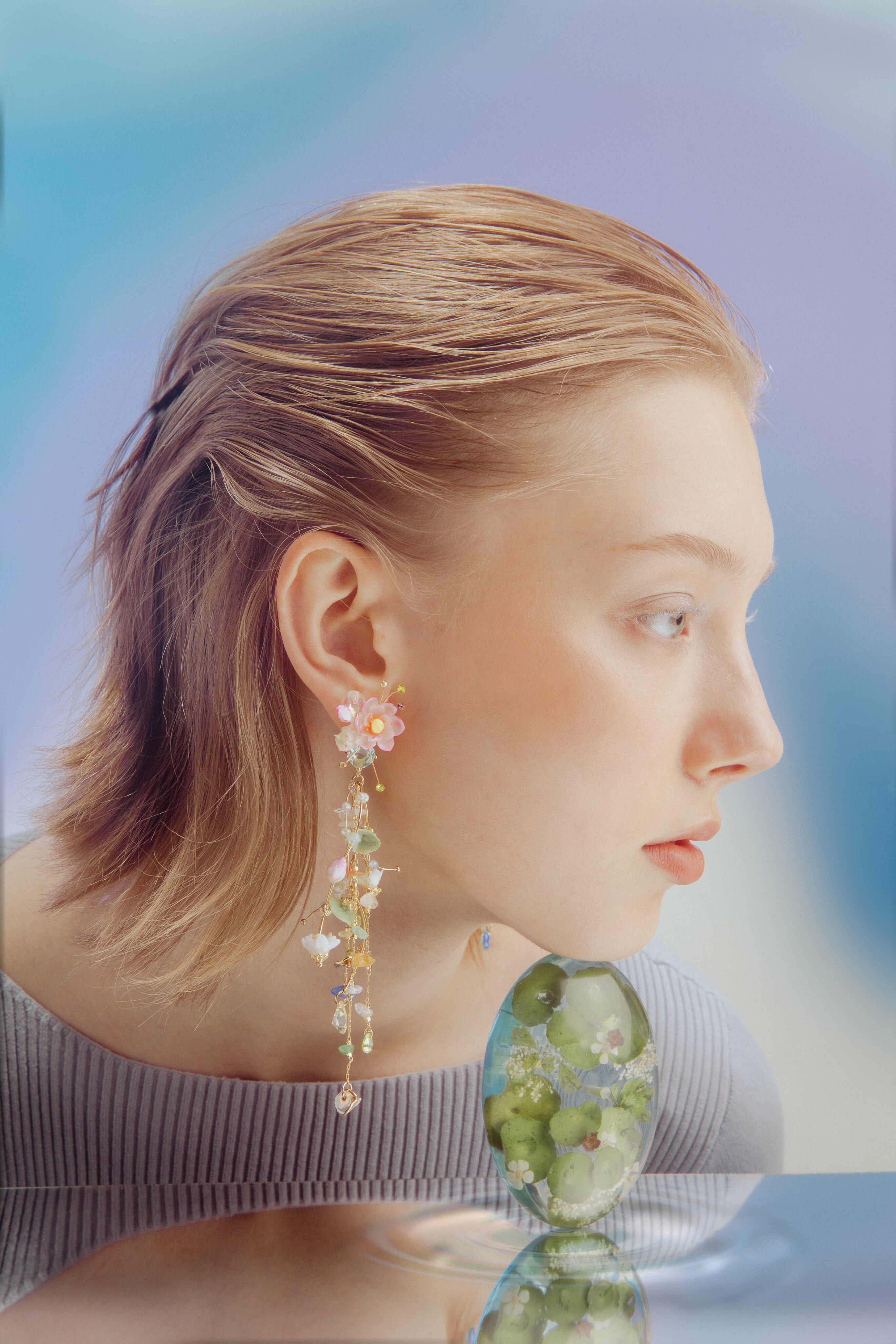 Under the Water Glistened Lotus Asymmetric Earrings and Ear Cuff