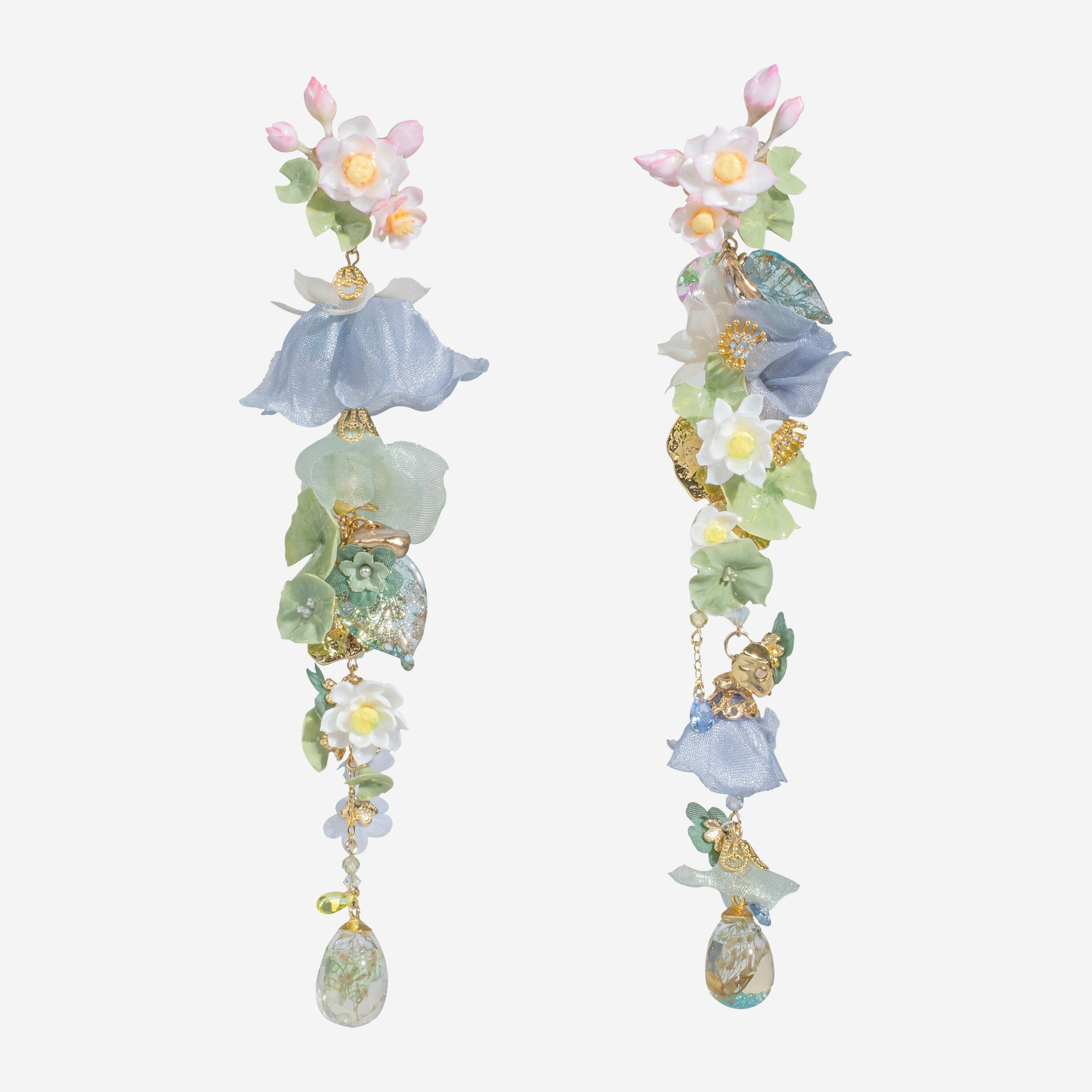 Dabbling in the Drizzle Water Lily and Lotus Dangling Earrings