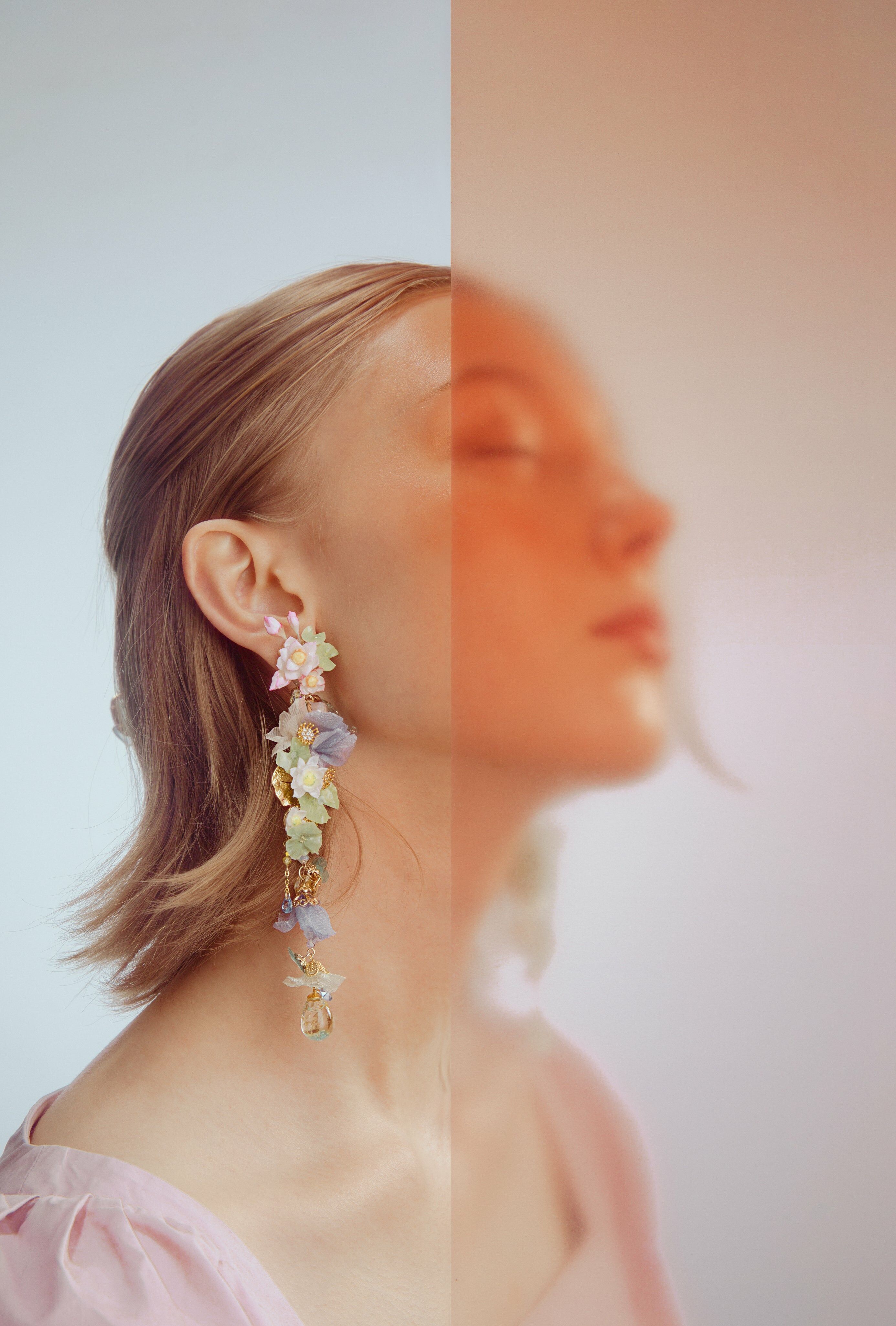 Dabbling in the Drizzle Water Lily and Lotus Dangling Earrings