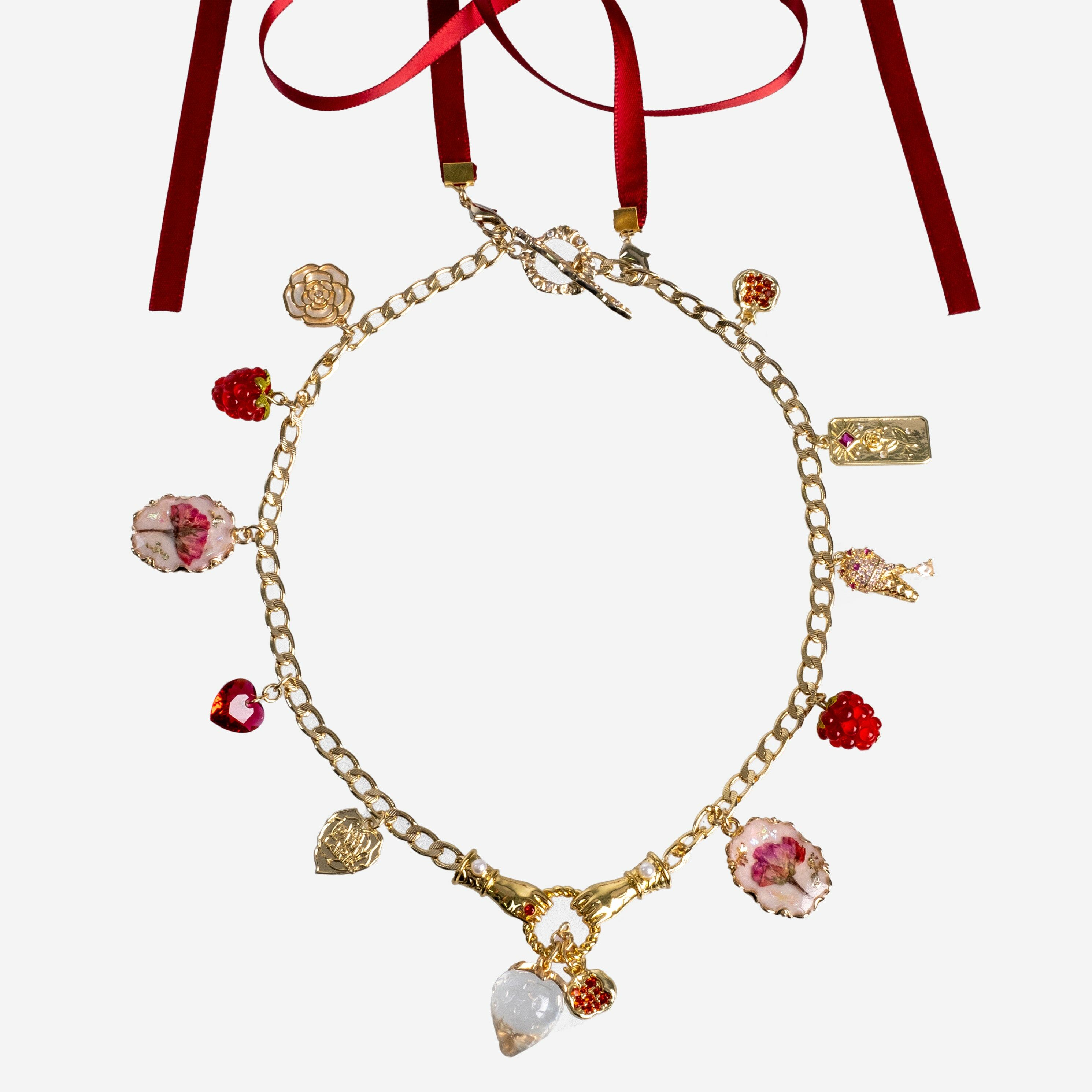 Victorian Afternoon Tea Rosette and Fraise Charms Chain Necklace with Ribbon