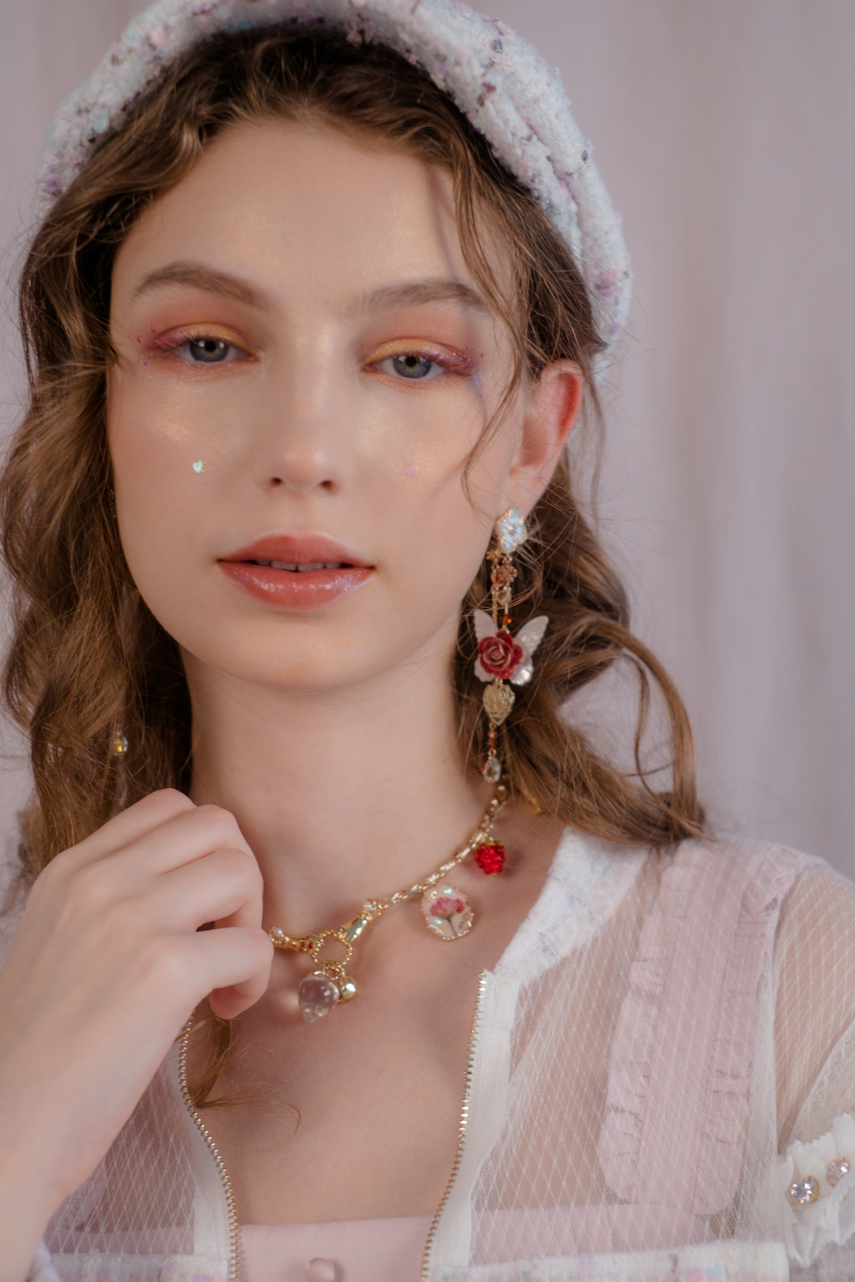 Victorian Afternoon Tea Rosette and Fraise Charms Chain Necklace with Ribbon