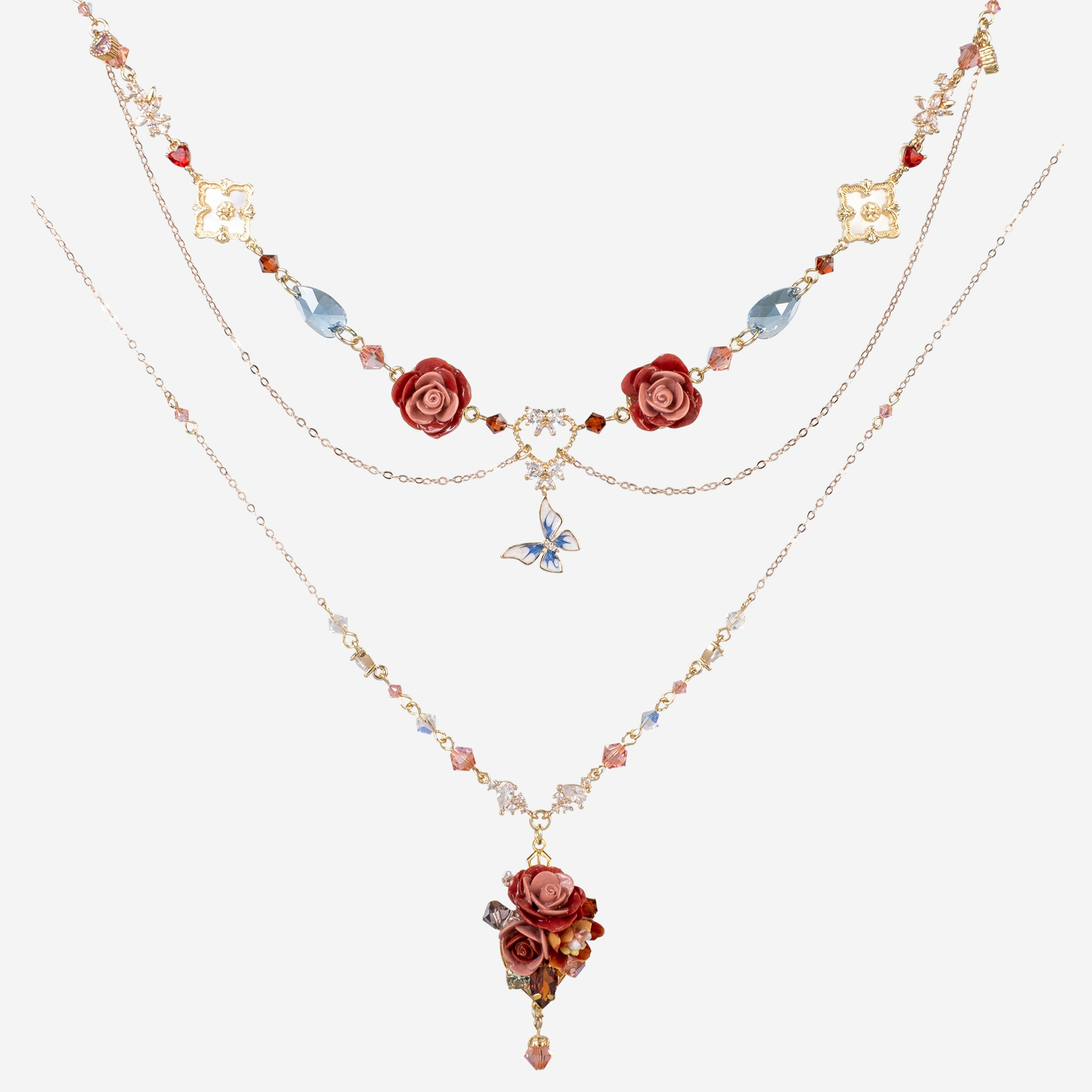 Fluttering Butterfly in Rose Garden Multi-layered Necklace
