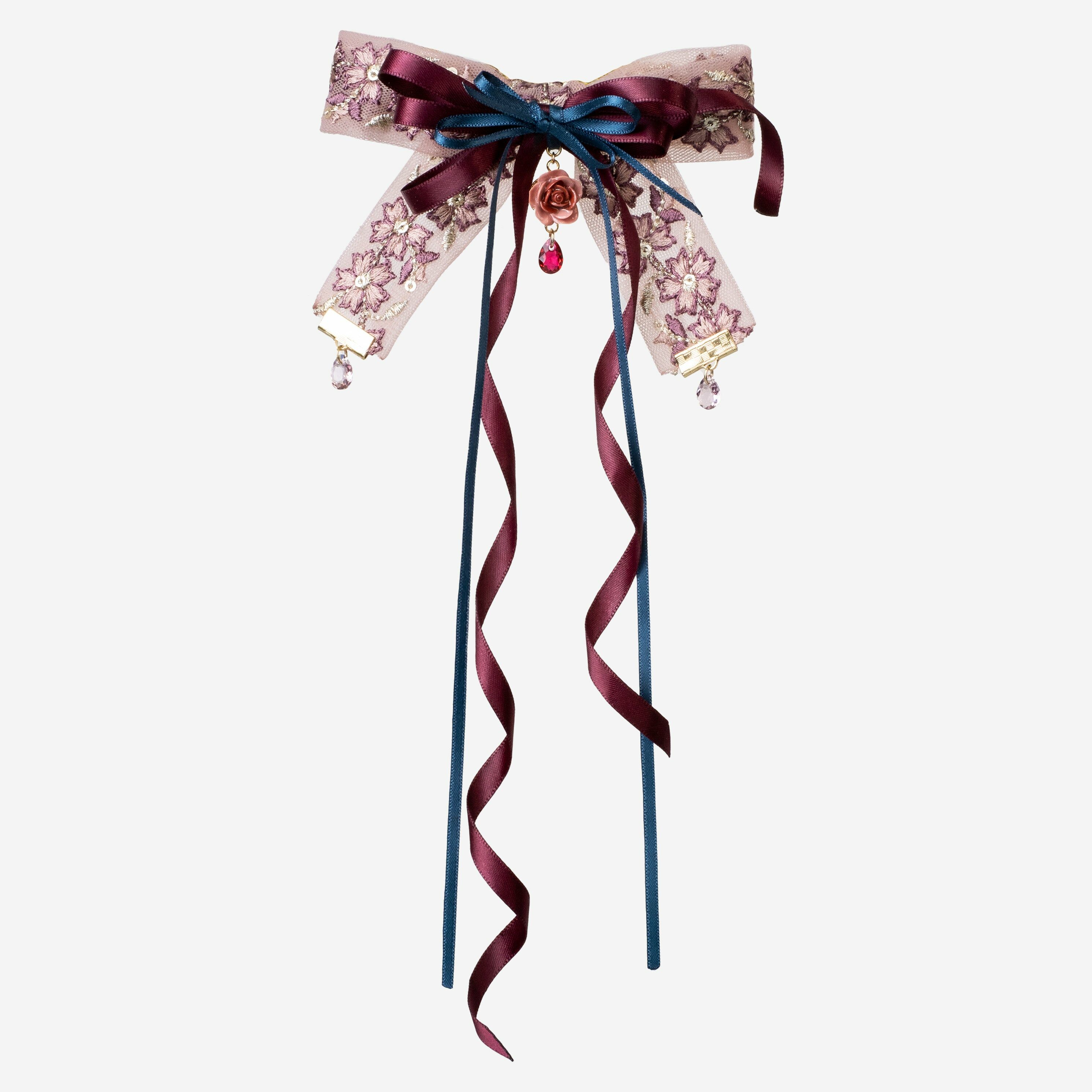 Rose-tinted and Parisian-blue Embroidered Ribbon Hair Clip