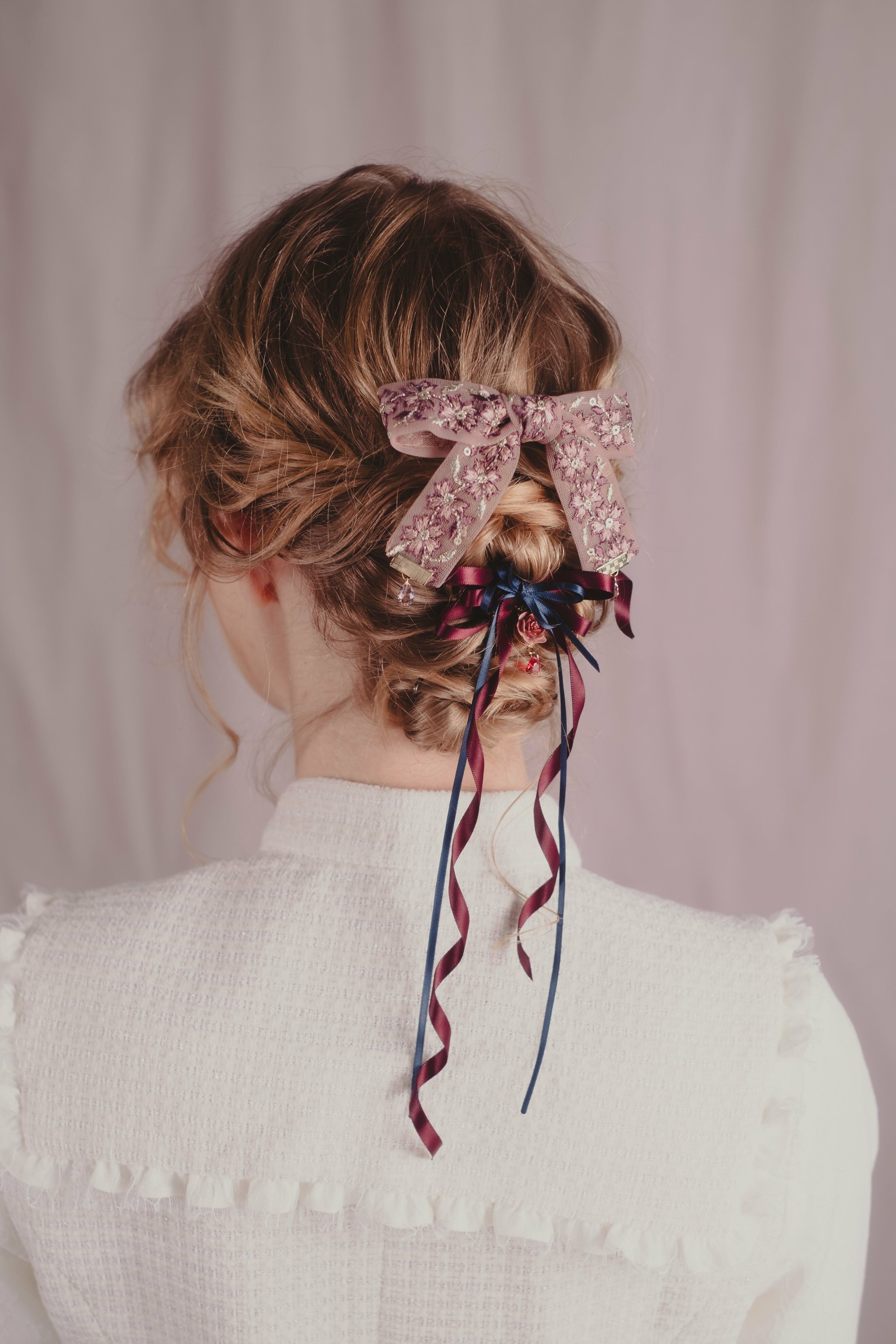 Rose-tinted and Parisian-blue Embroidered Ribbon Hair Clip