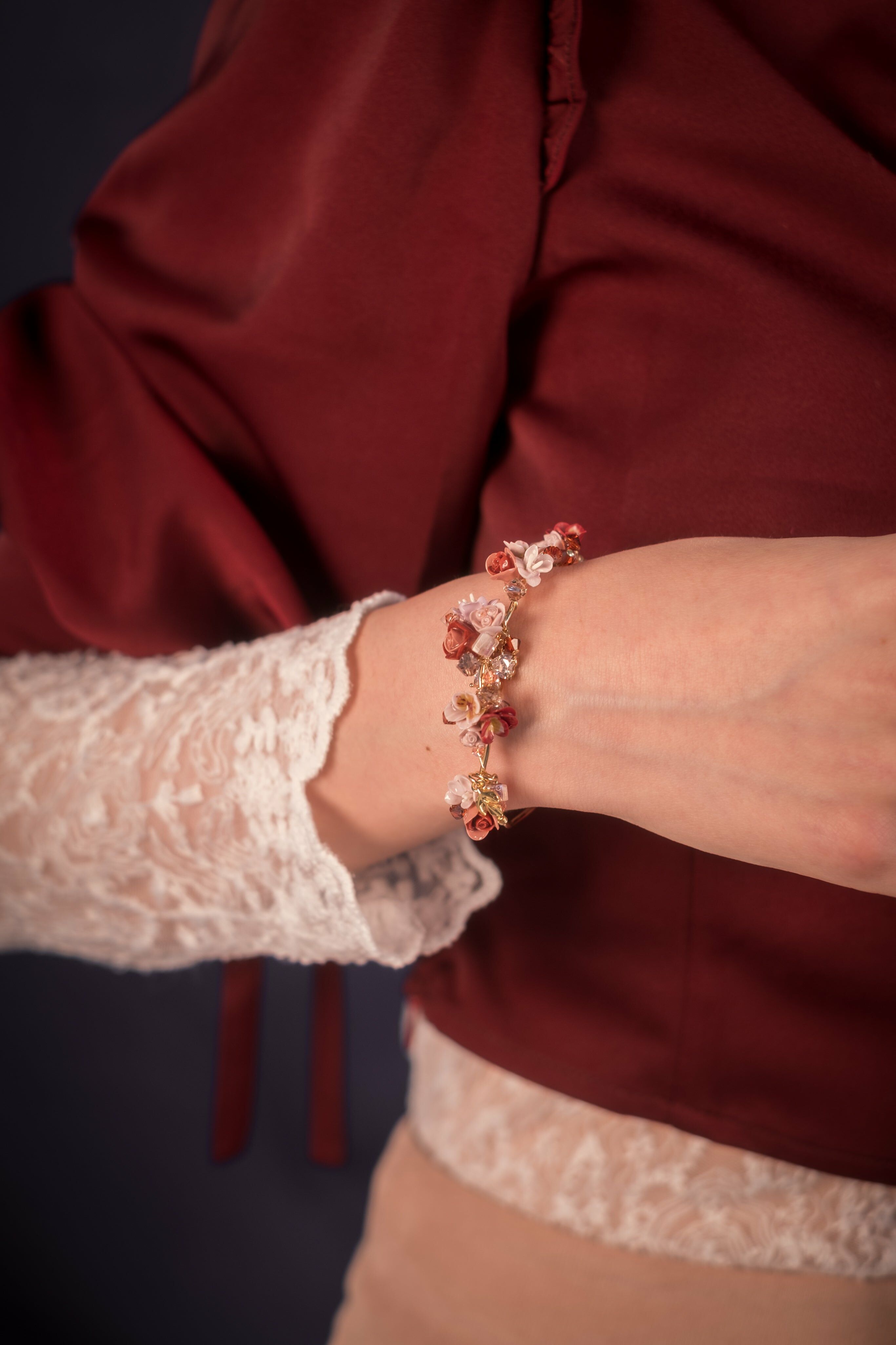 Everything's Coming up Roses Bejewelled Garden Rose and Pansy Bouquet Bangle