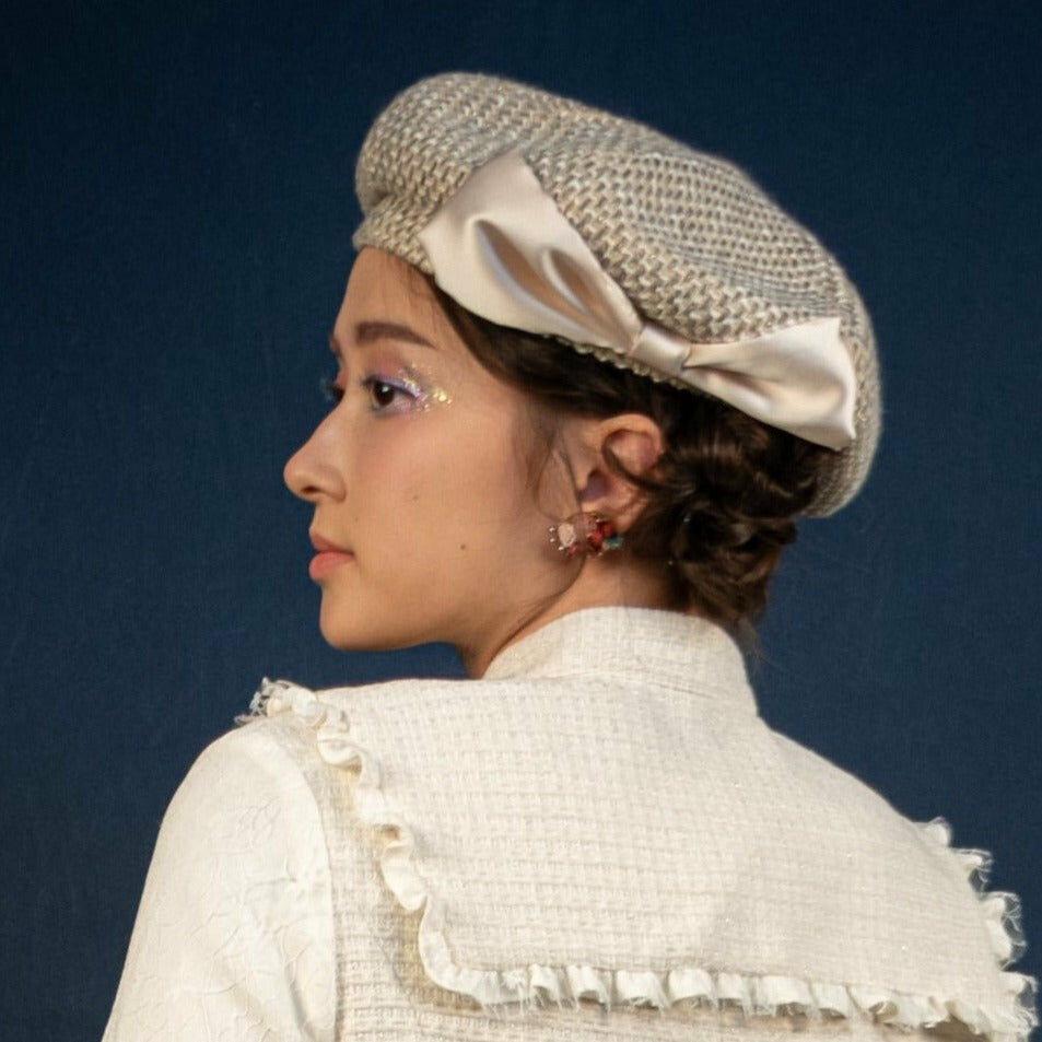 Tweed Ribbon Beret (Pink/Cream/Black)