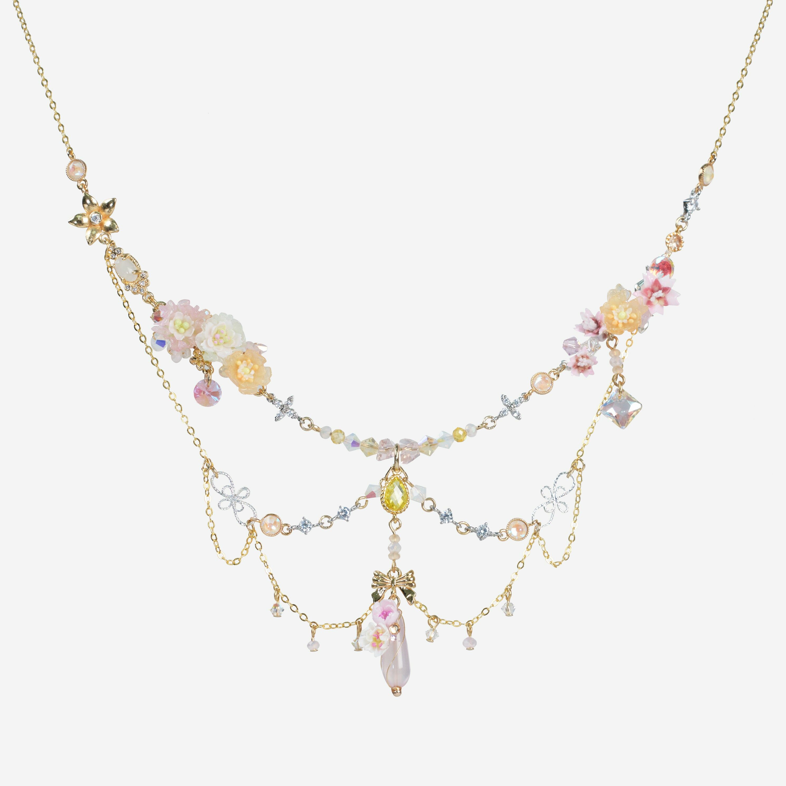 Guardian Angel Weaving Sakura and Crystal Multi-layered Necklace