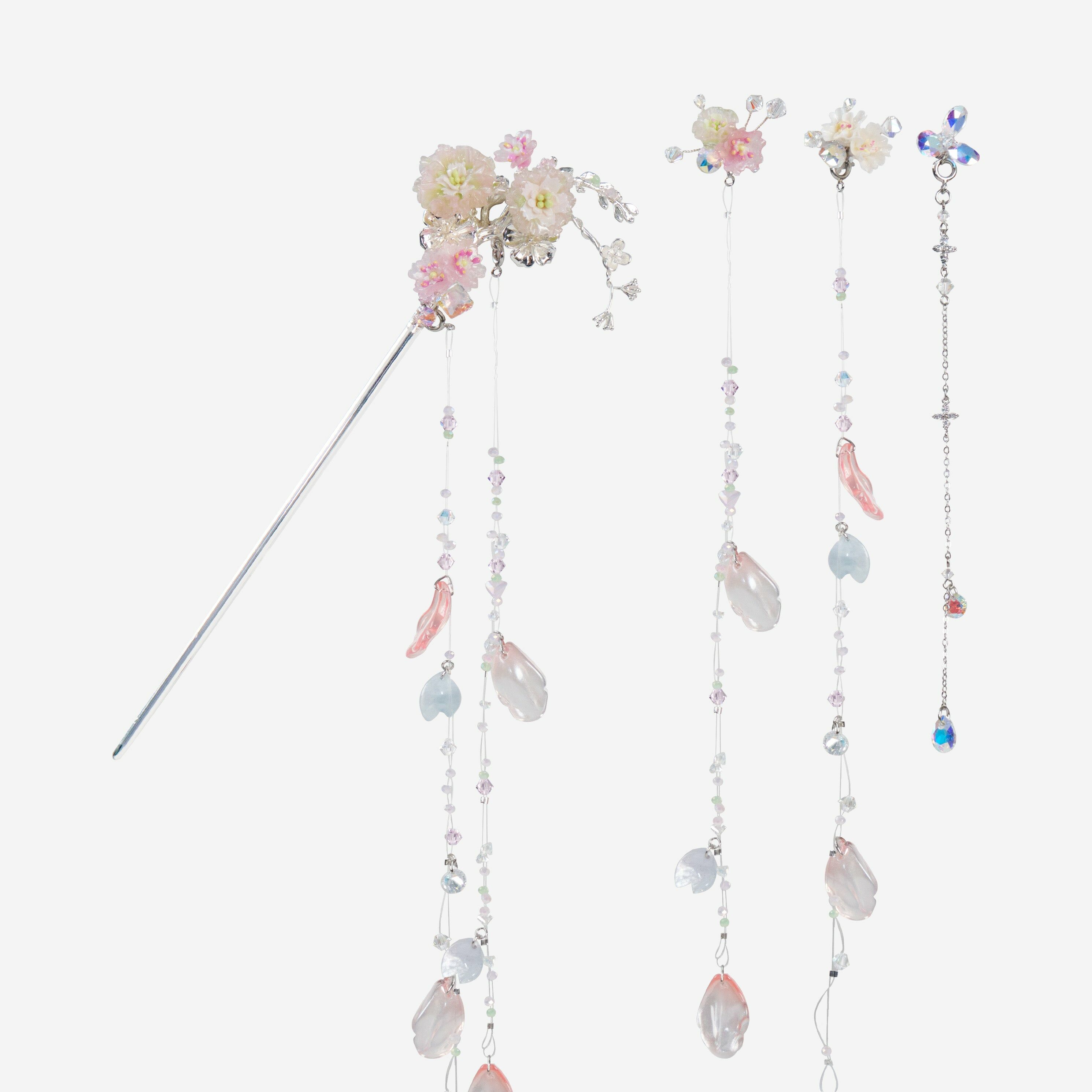 Twist in the Wind Crystalline Sakura Hair Pin and Mini Bouquet Dangling Chains Set