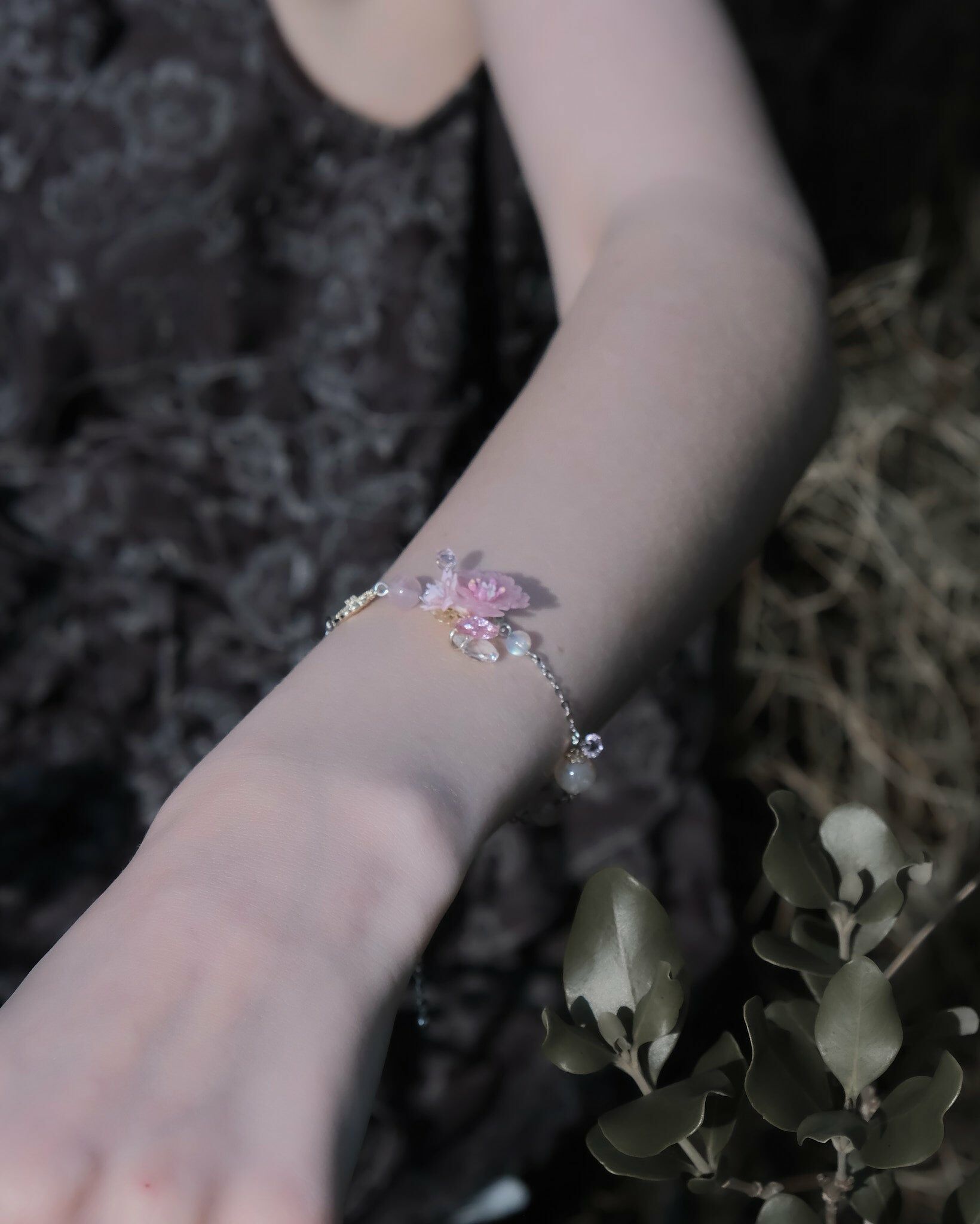 Whispering Sweet Nothings Sakura and Natural Crystal Bracelet