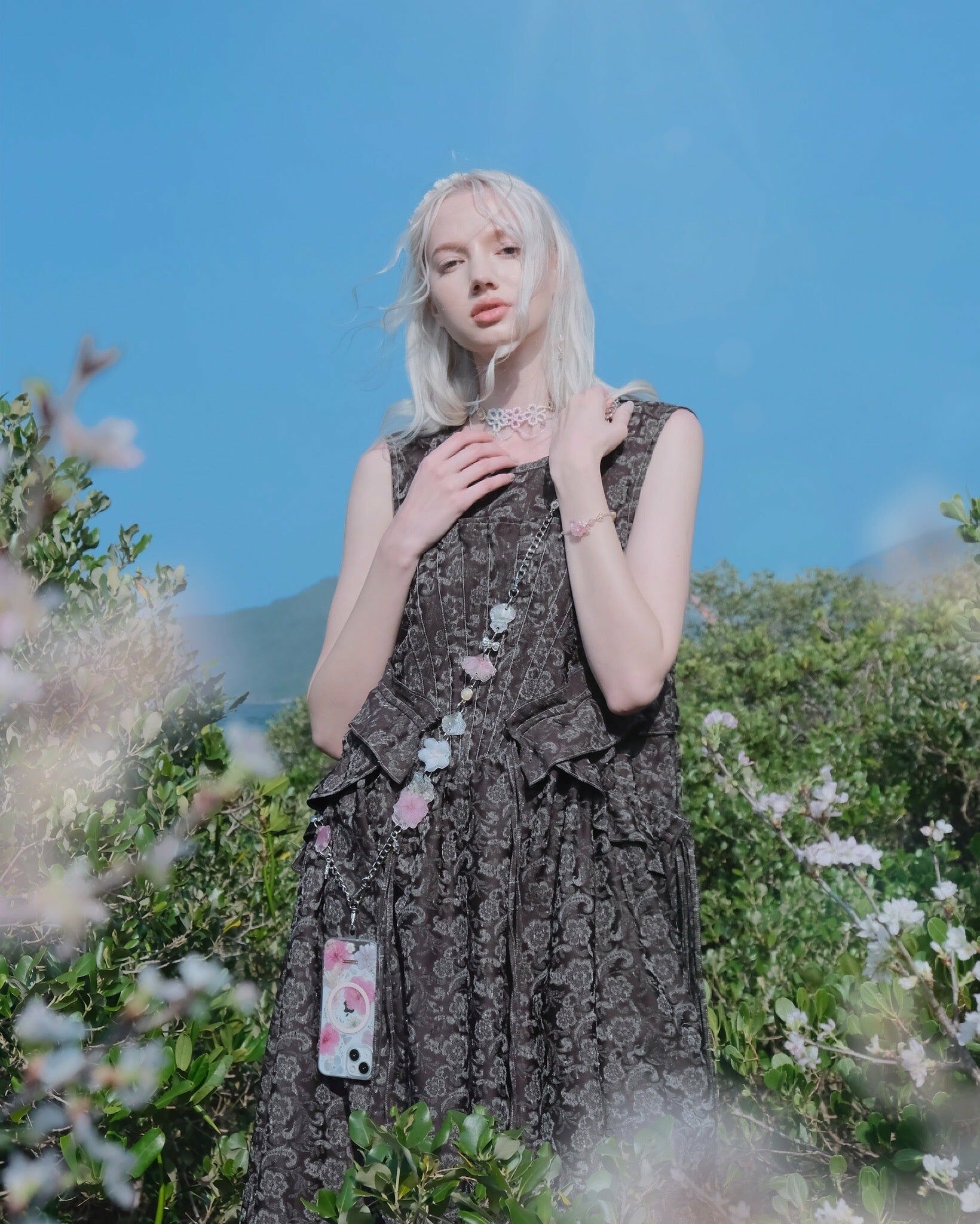 Relishing Sea Breezes Silky Sakura and Die-cut Resin Petals Crossbody Phone Strap