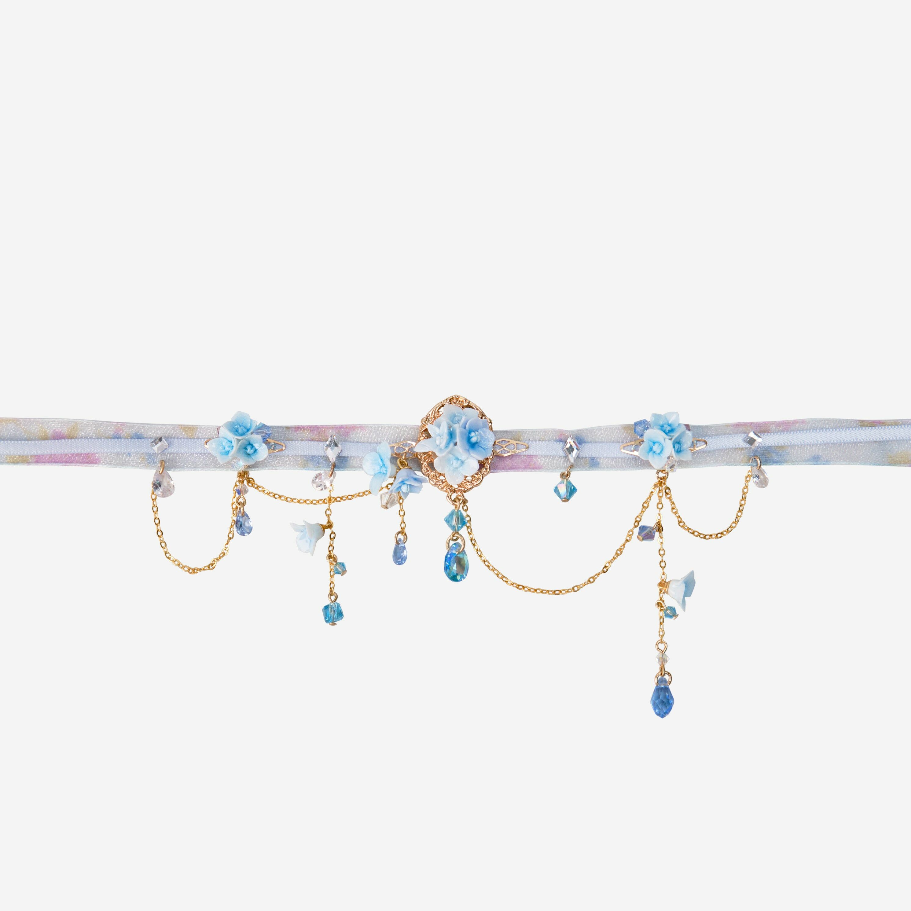 Gauzy Clouds and Dazzling Blooms Hydrangea Ribbon Choker in Hand-drawn Pattern