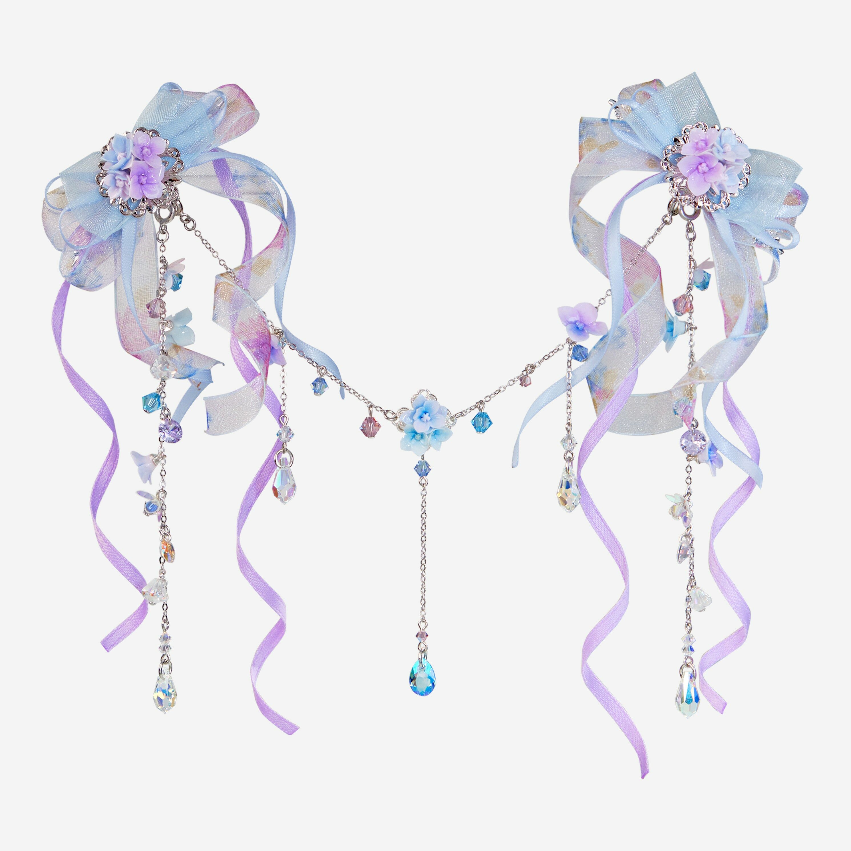 Ripples on a Breezy Day Hydrangea Bouquet Ribbon Clip in Hand-drawn Pattern with Dangling Chains