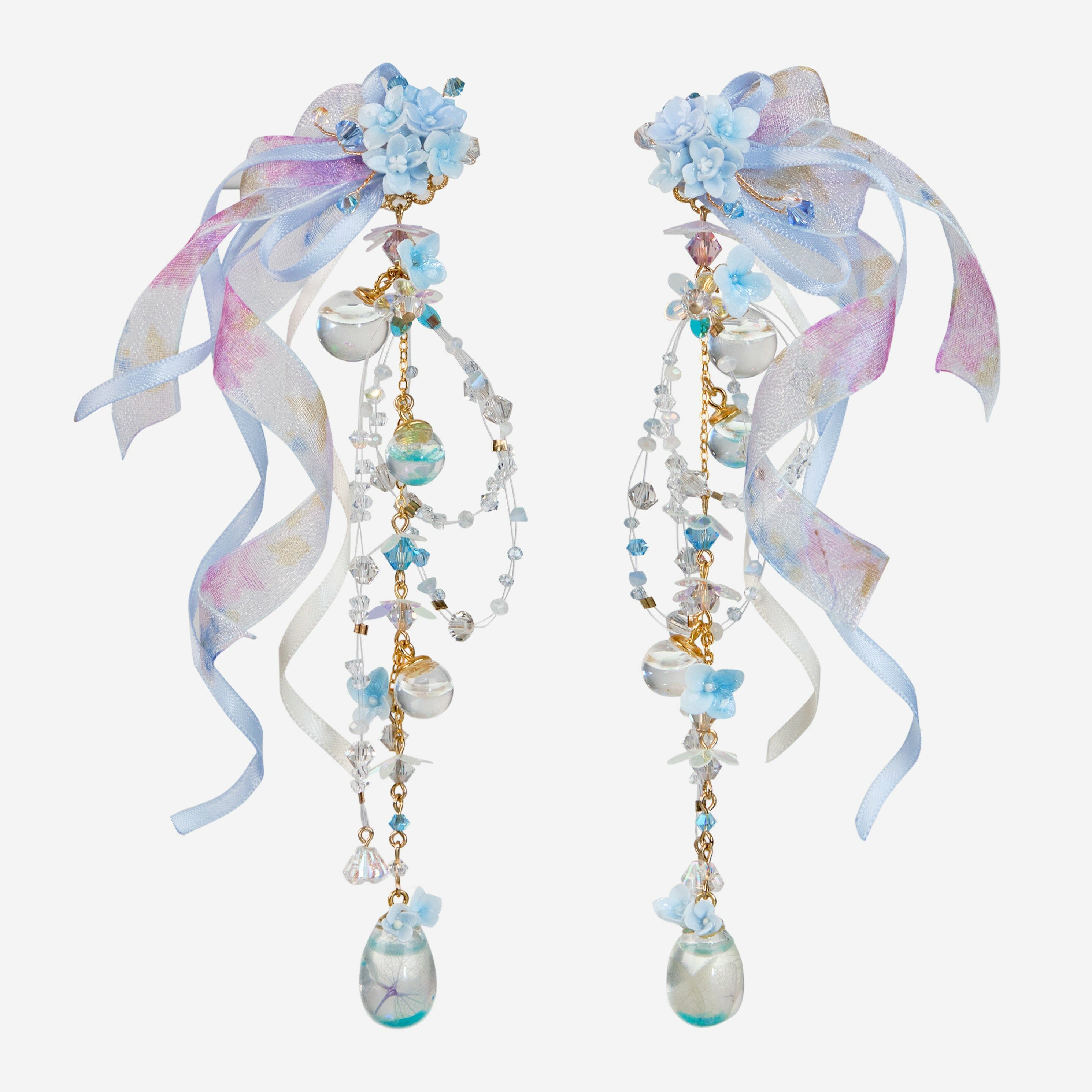 Rambling through the Sky Hydrangea and Globule Earrings with Ribbon in Hand-drawn Pattern