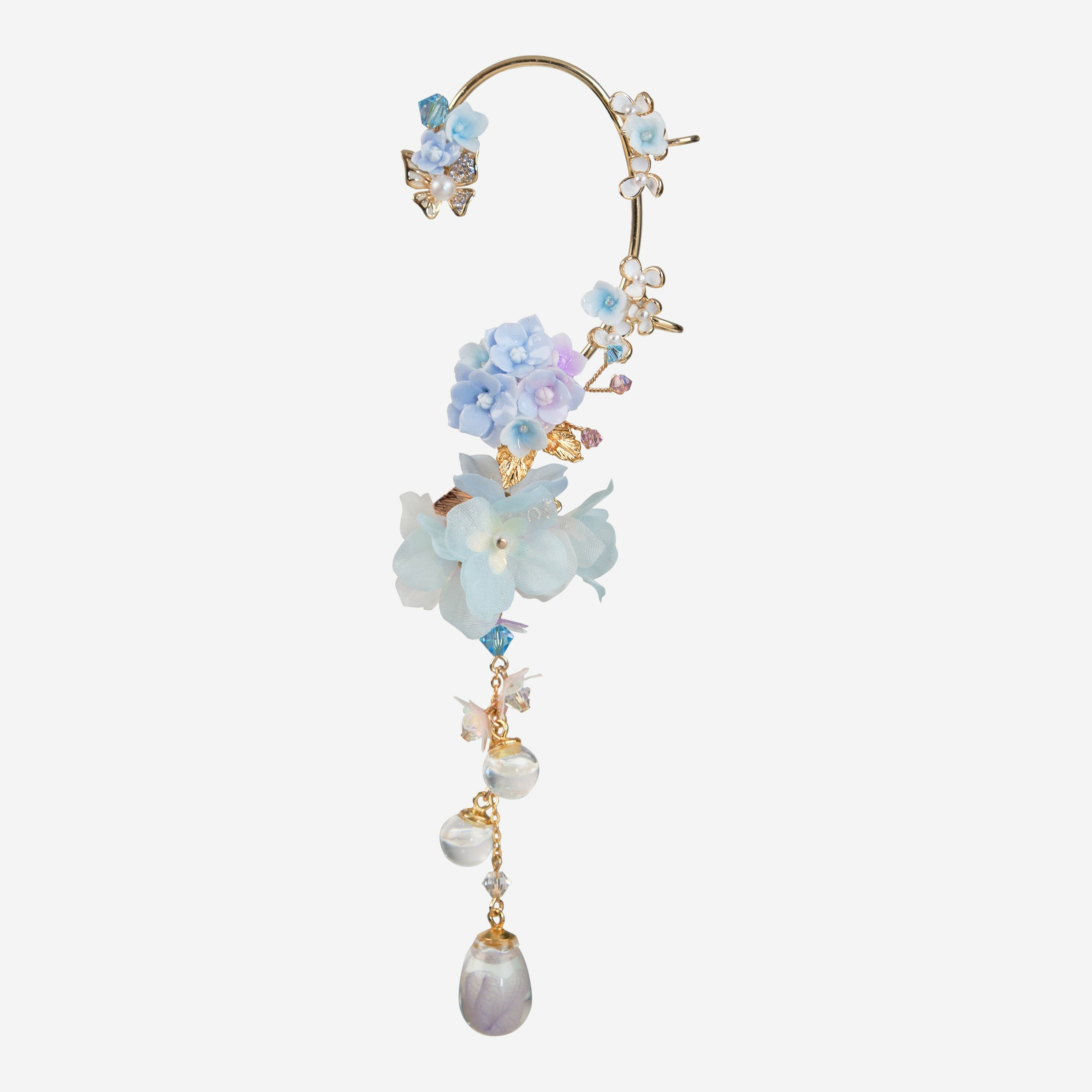 Dreamy Bubbles Hydrangea and Chiffon Petals Ear Cuff with Detachable Charms (2-way)