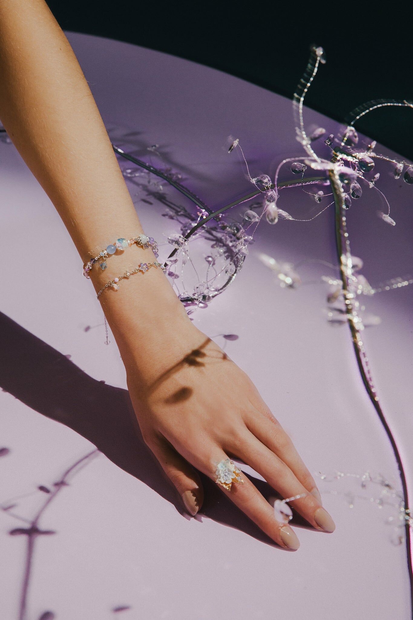 Spectral Colours of Crystals Opal and Hand-painted Glass Beads Adjustable Bracelet Set