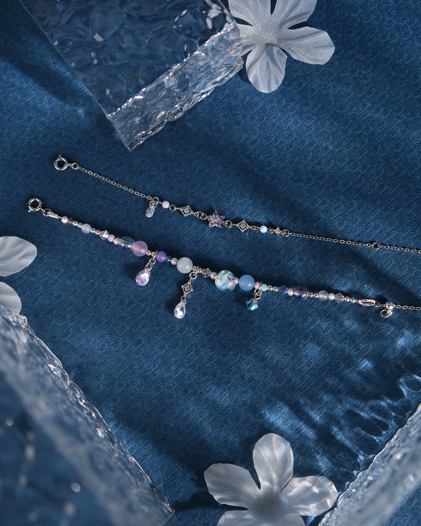 Spectral Colours of Crystals Opal and Hand-painted Glass Beads Adjustable Bracelet Set