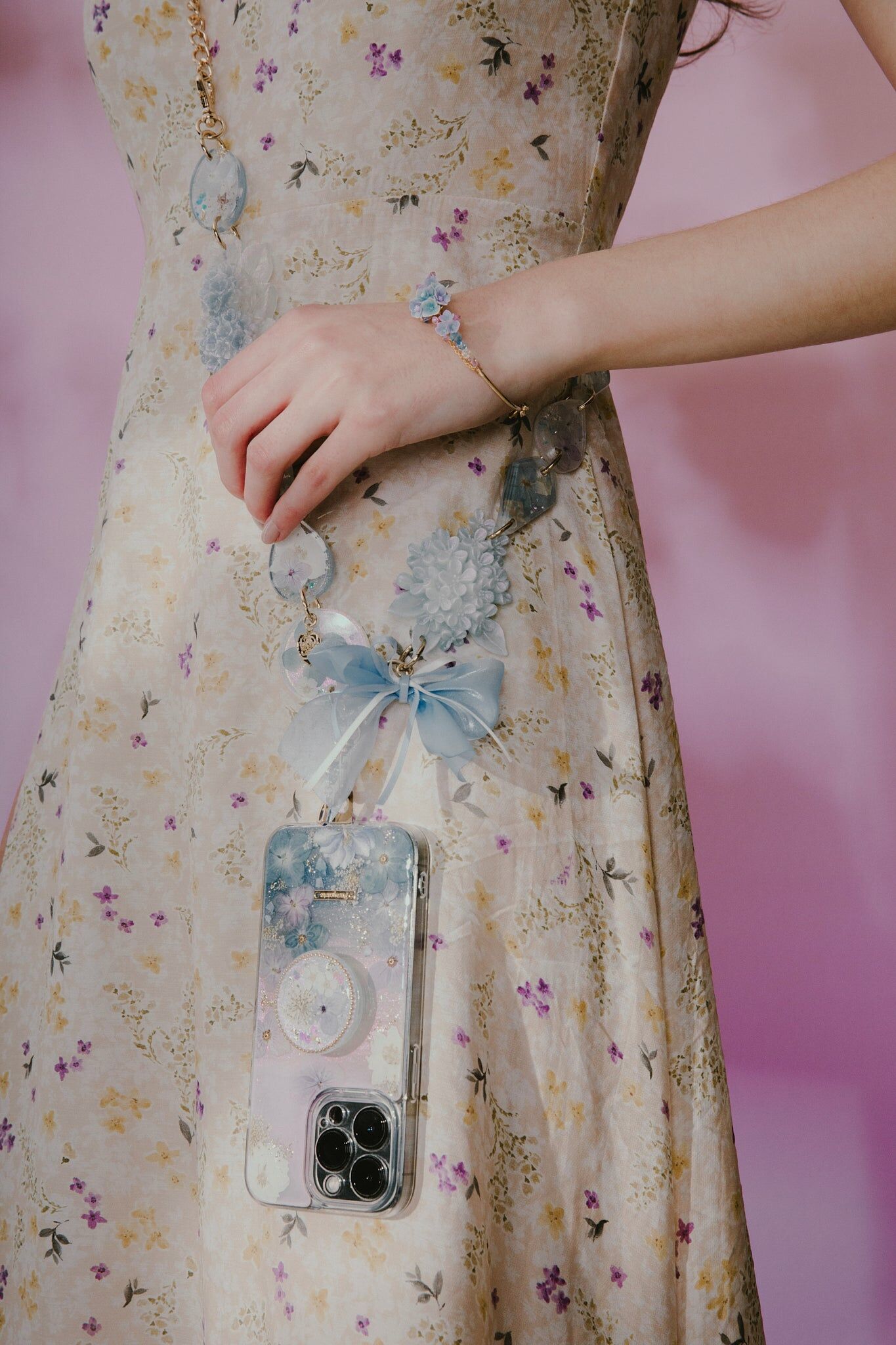 Sense of Depth Serenity Blue Hydrangea and Oshibana Crossbody Phone Strap