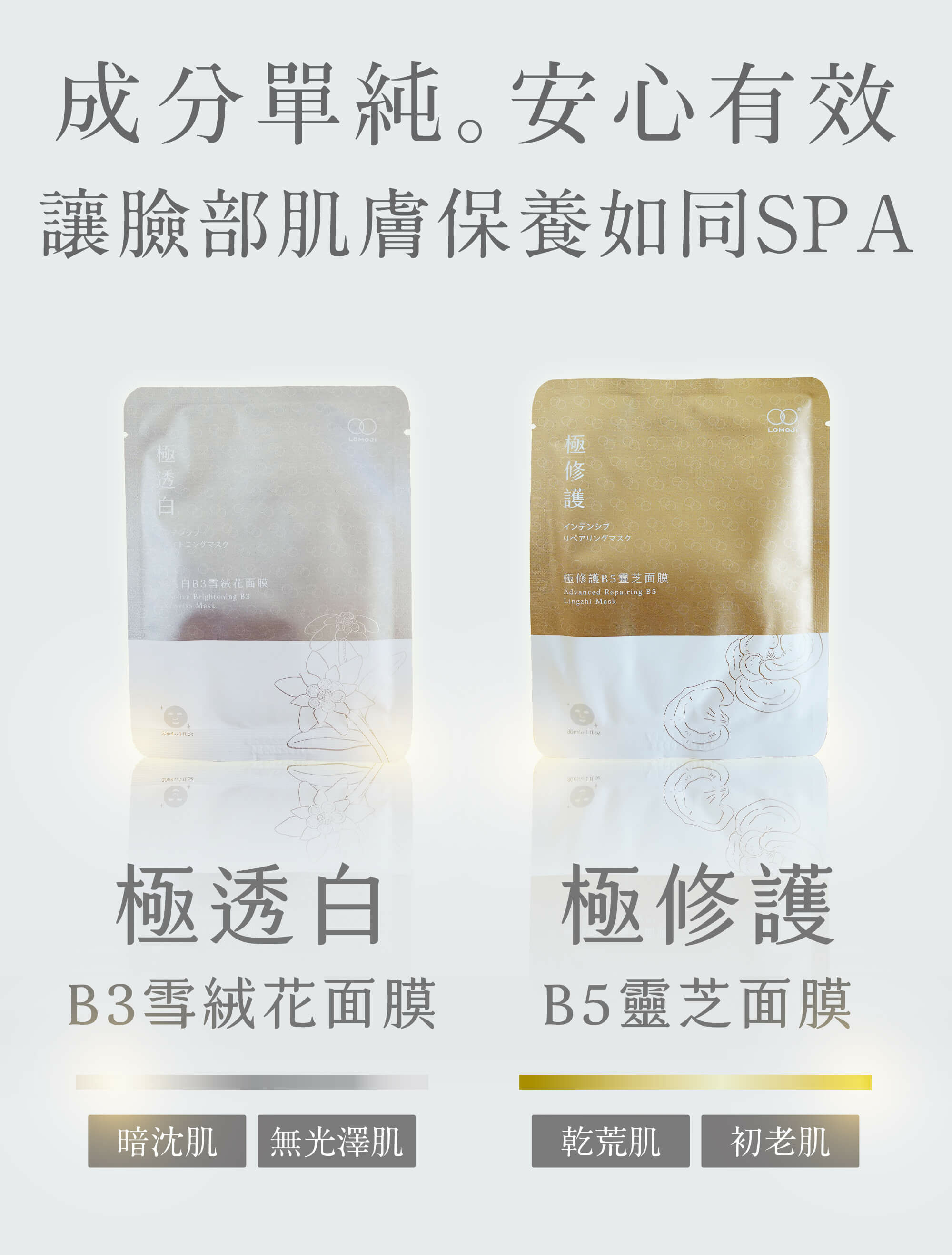 夏季保濕【輕漢方 - B5靈芝修護 瞬滲面膜】無酒精 水絲羽隱形貼 - 面膜/凍膜/泥膜 - 其他材質 白色