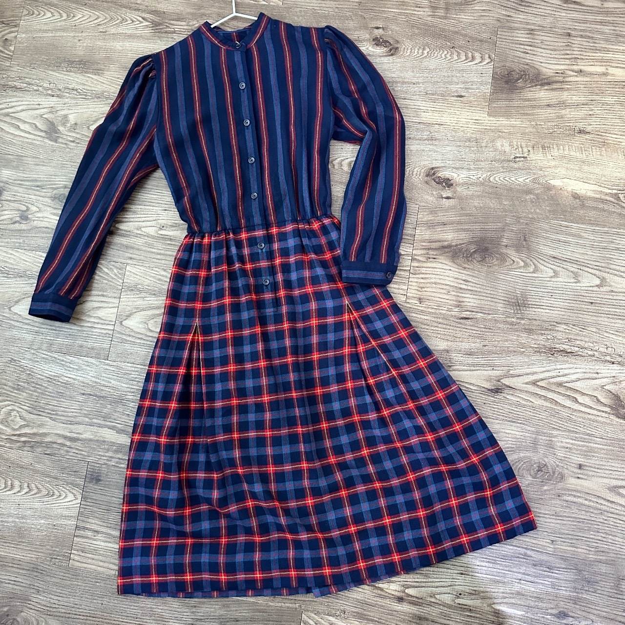 學院風藍紅格紋長袖連身裙