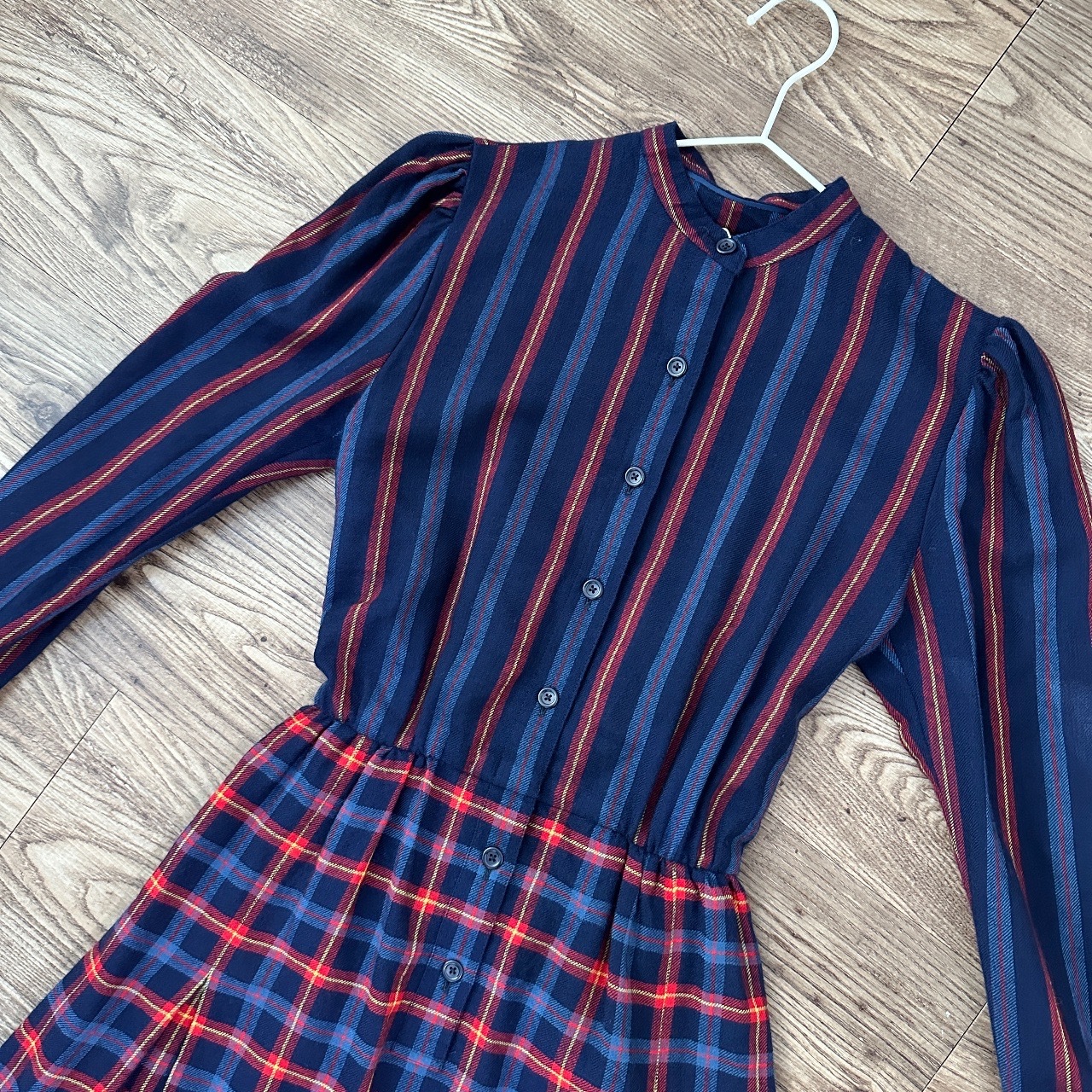 學院風藍紅格紋長袖連身裙